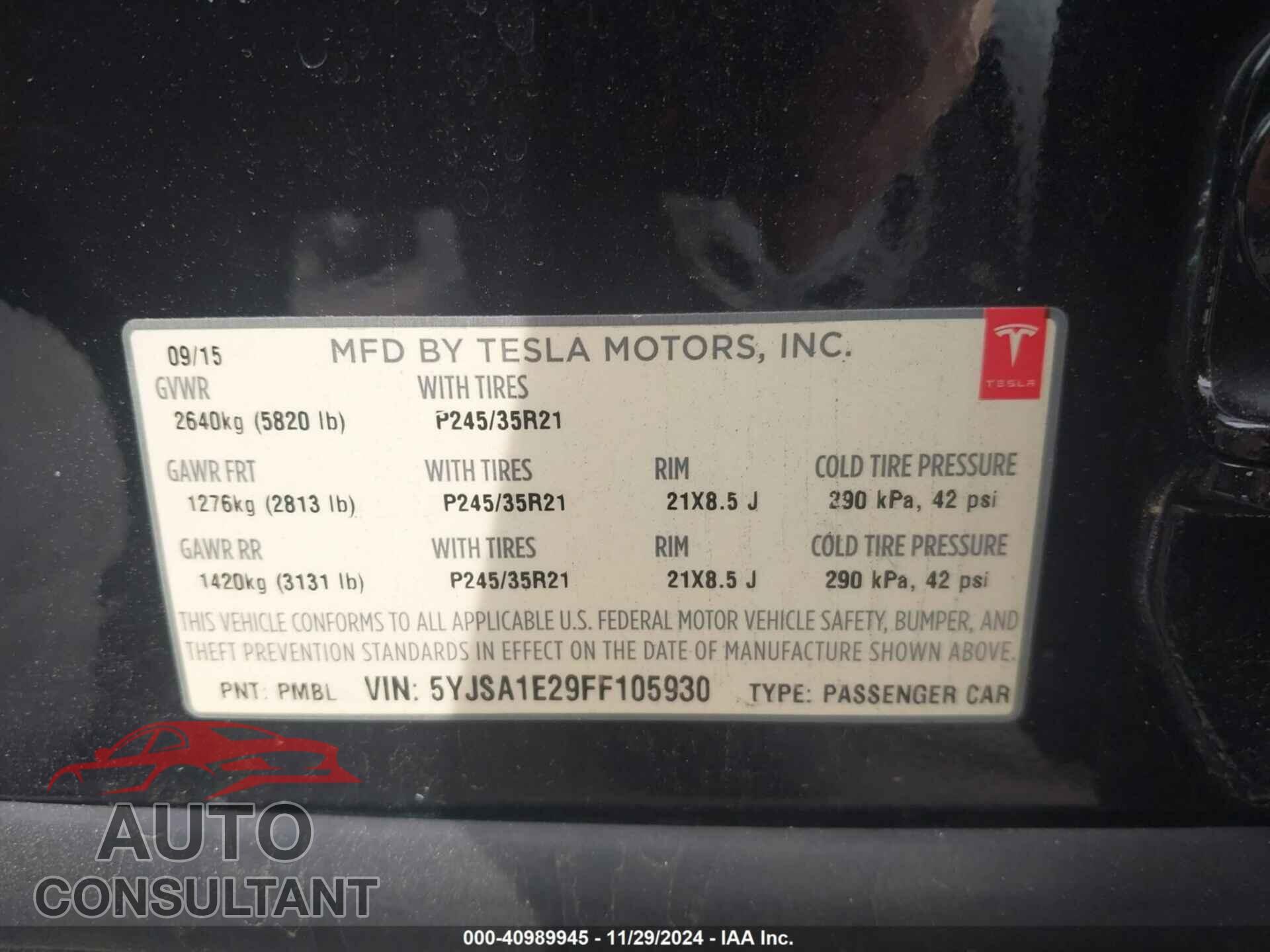 TESLA MODEL S 2015 - 5YJSA1E29FF105930