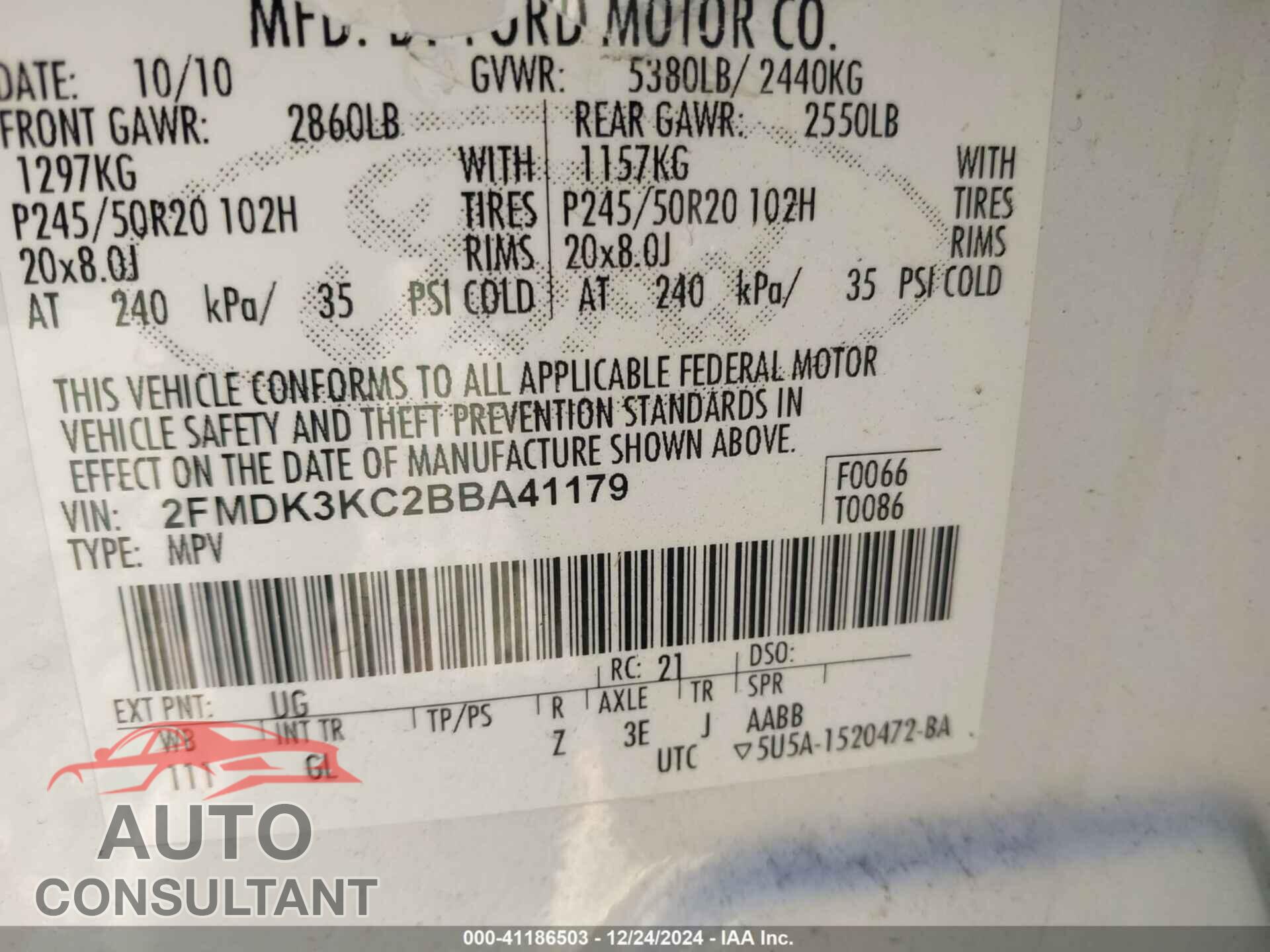 FORD EDGE 2011 - 2FMDK3KC2BBA41179