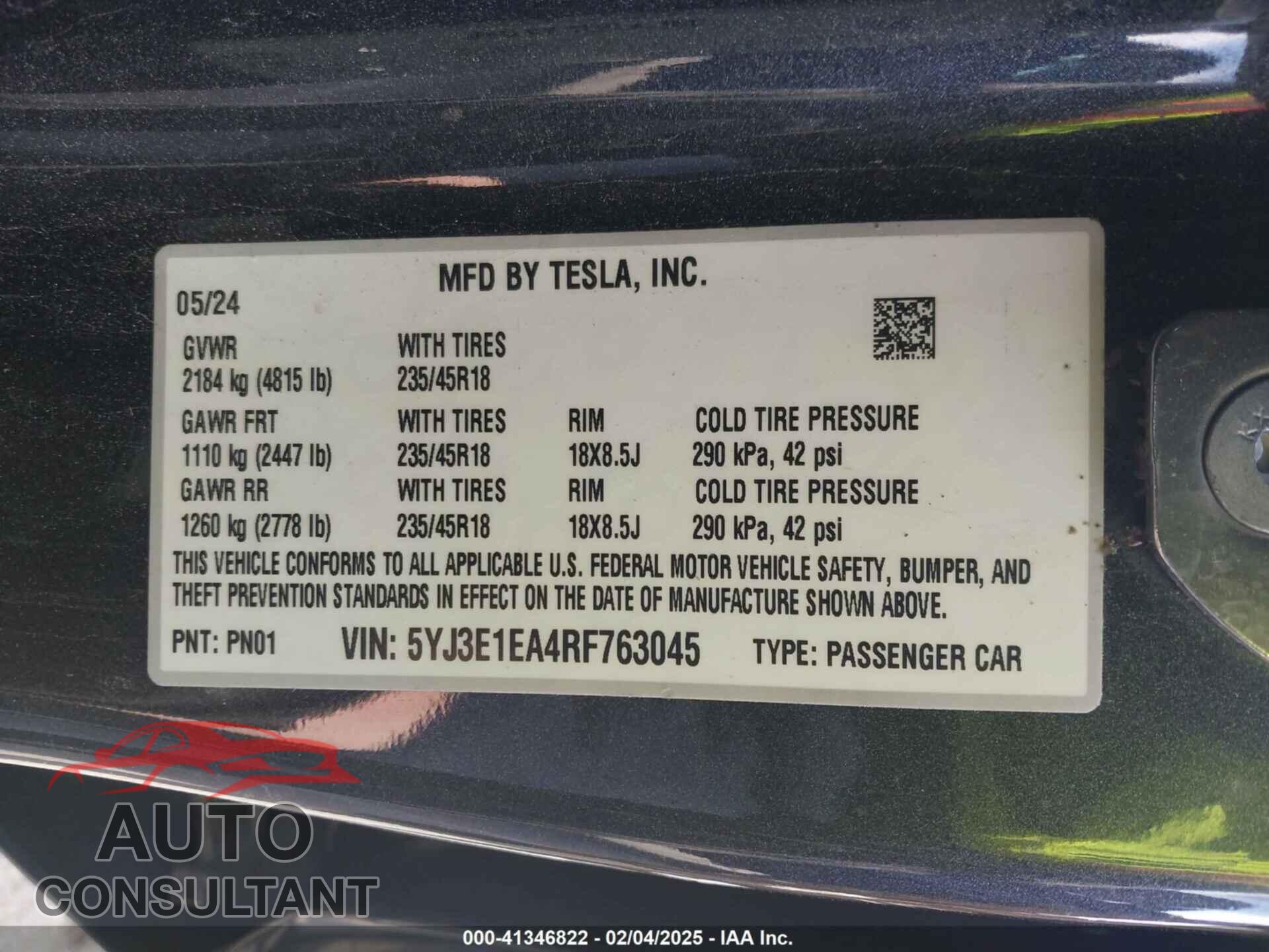 TESLA MODEL 3 2024 - 5YJ3E1EA4RF763045