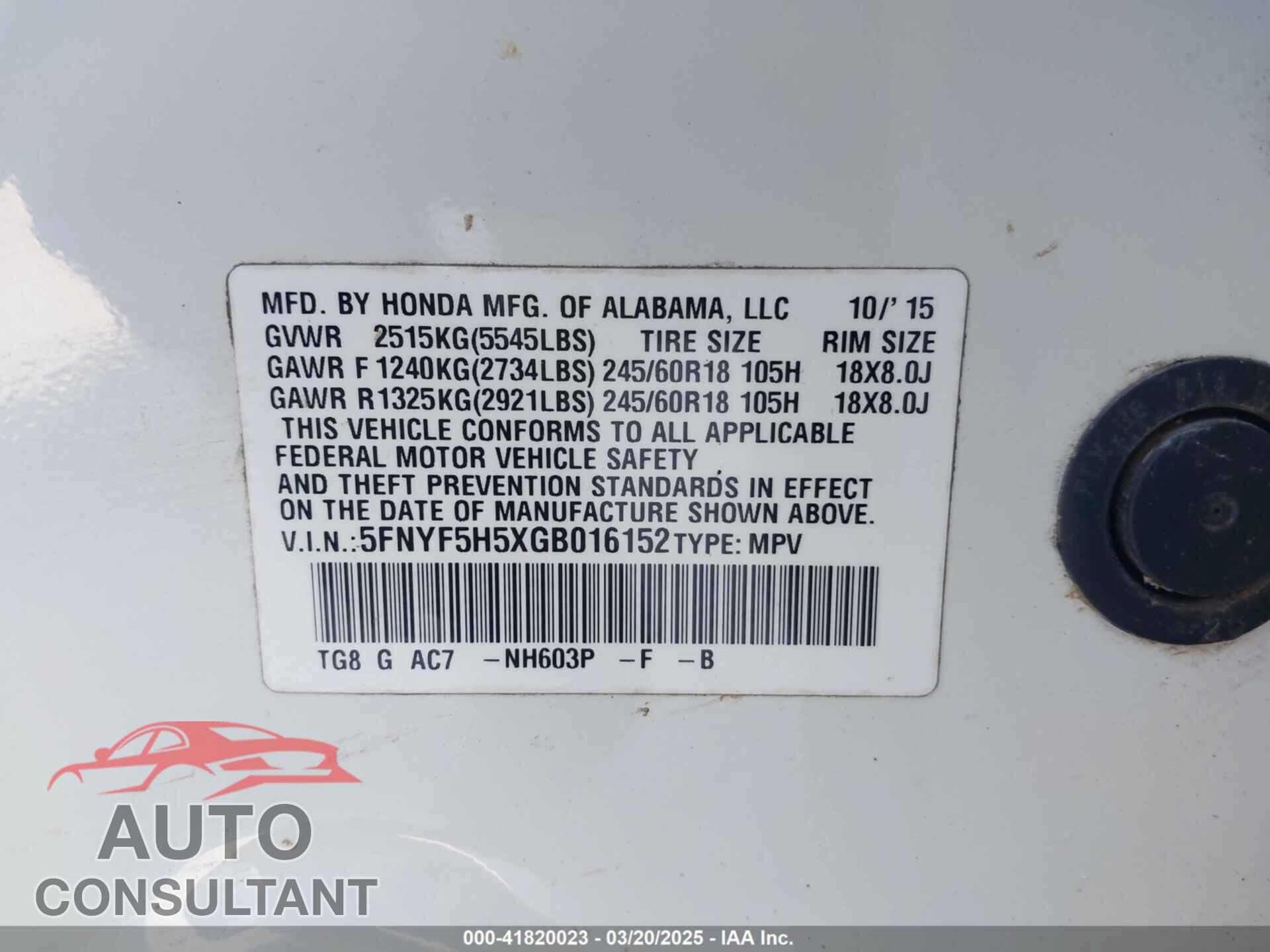 HONDA PILOT 2016 - 5FNYF5H5XGB016152