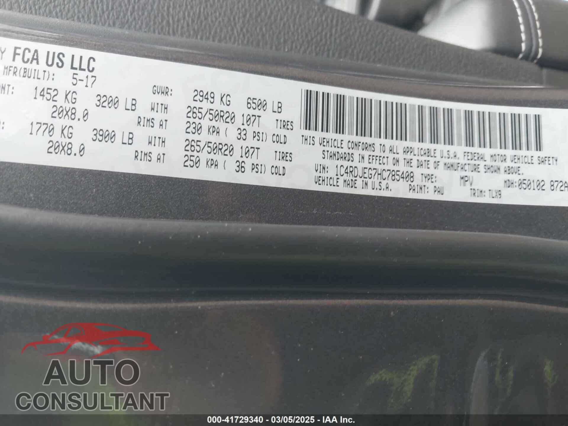 DODGE DURANGO 2017 - 1C4RDJEG7HC785408
