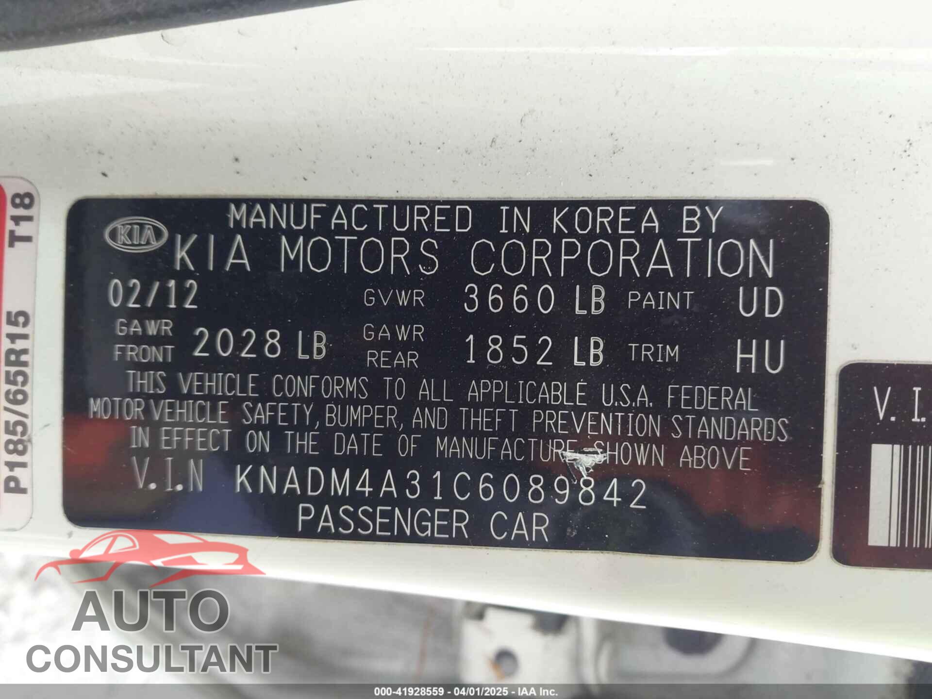 KIA RIO 2012 - KNADM4A31C6089842