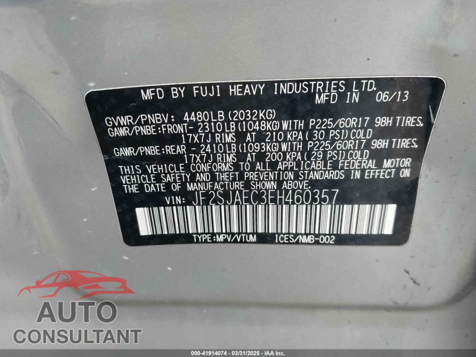 SUBARU FORESTER 2014 - JF2SJAEC3EH460357
