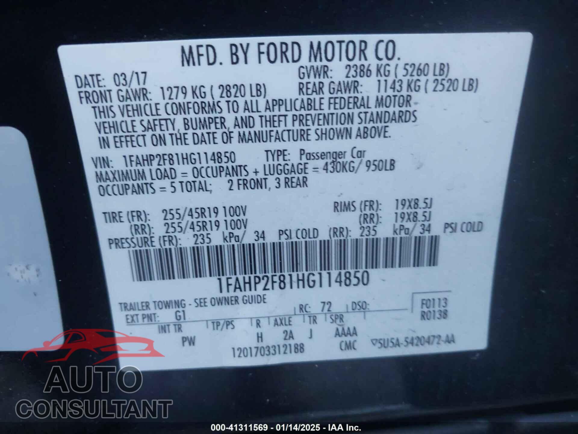 FORD TAURUS 2017 - 1FAHP2F81HG114850