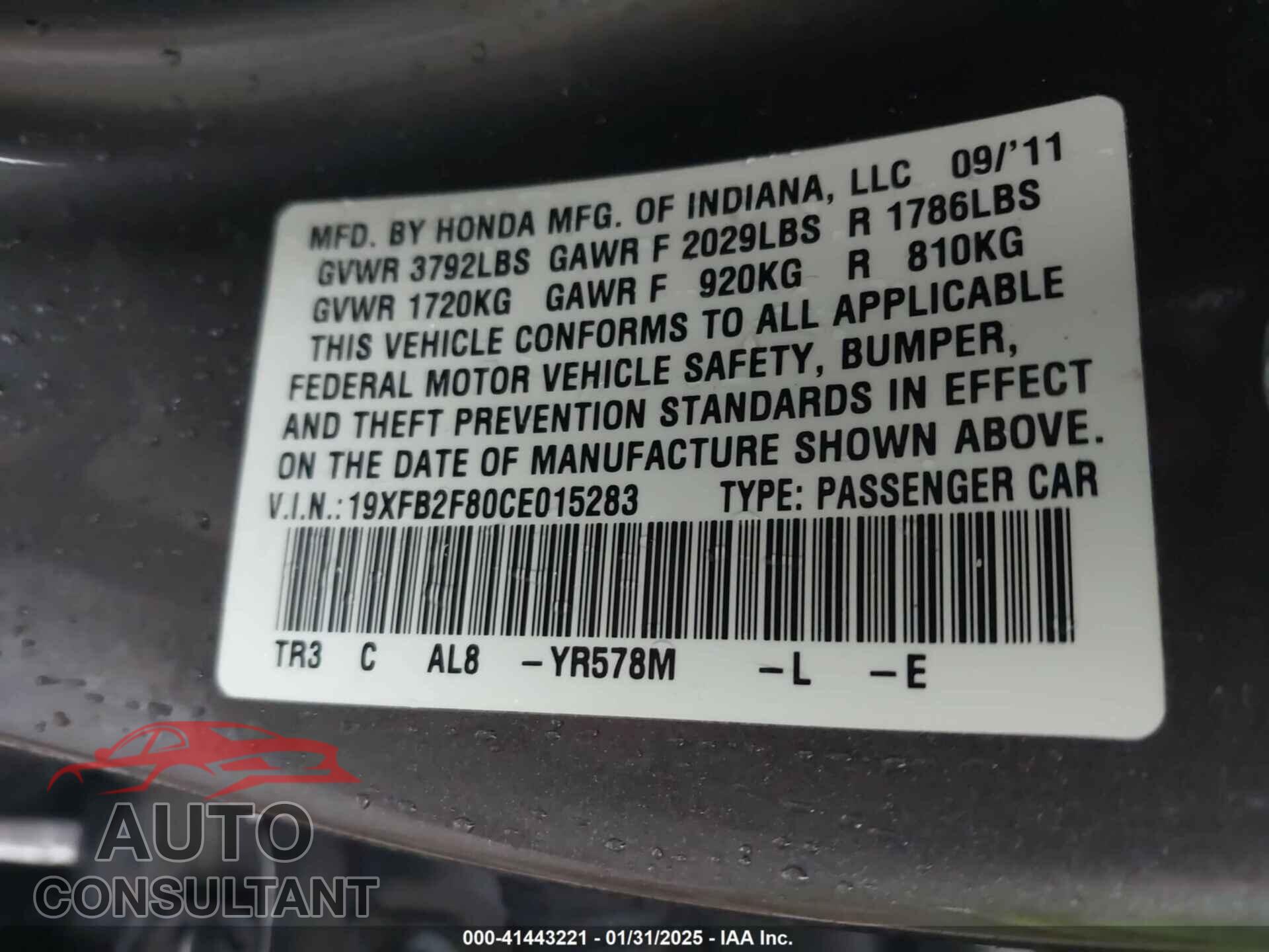 HONDA CIVIC 2012 - 19XFB2F80CE015283