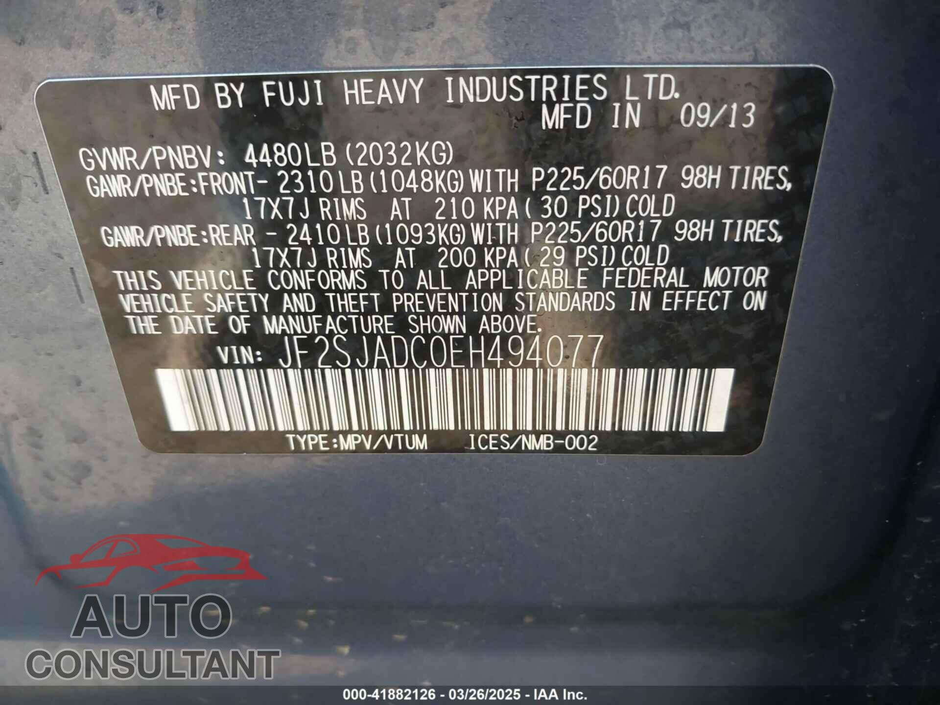 SUBARU FORESTER 2014 - JF2SJADC0EH494077