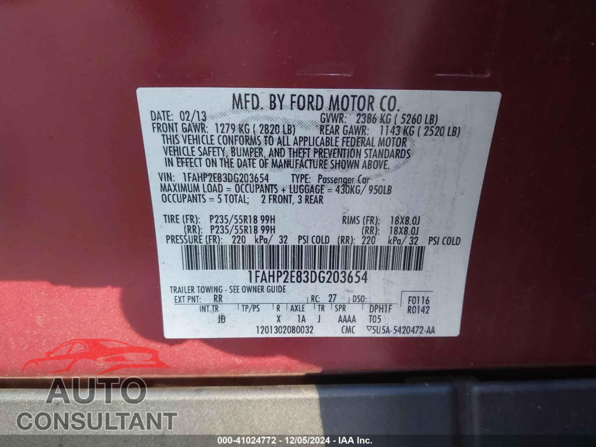 FORD TAURUS 2013 - 1FAHP2E83DG203654