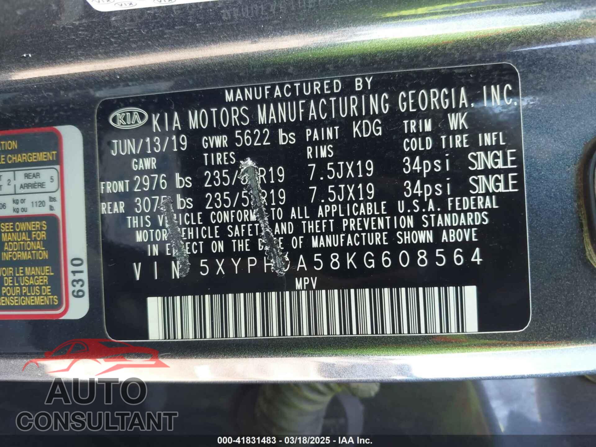KIA SORENTO 2019 - 5XYPHDA58KG608564