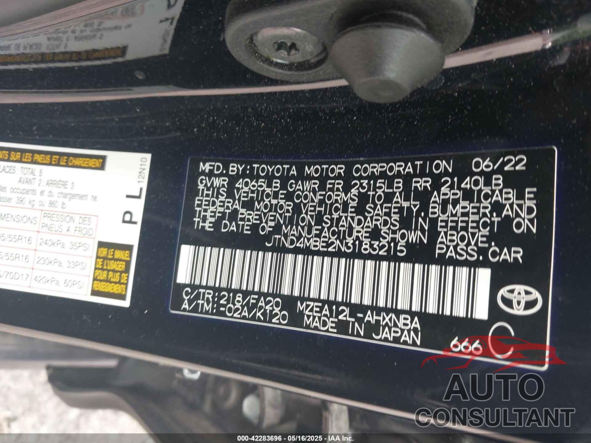 TOYOTA COROLLA 2022 - JTND4MBE2N3183215