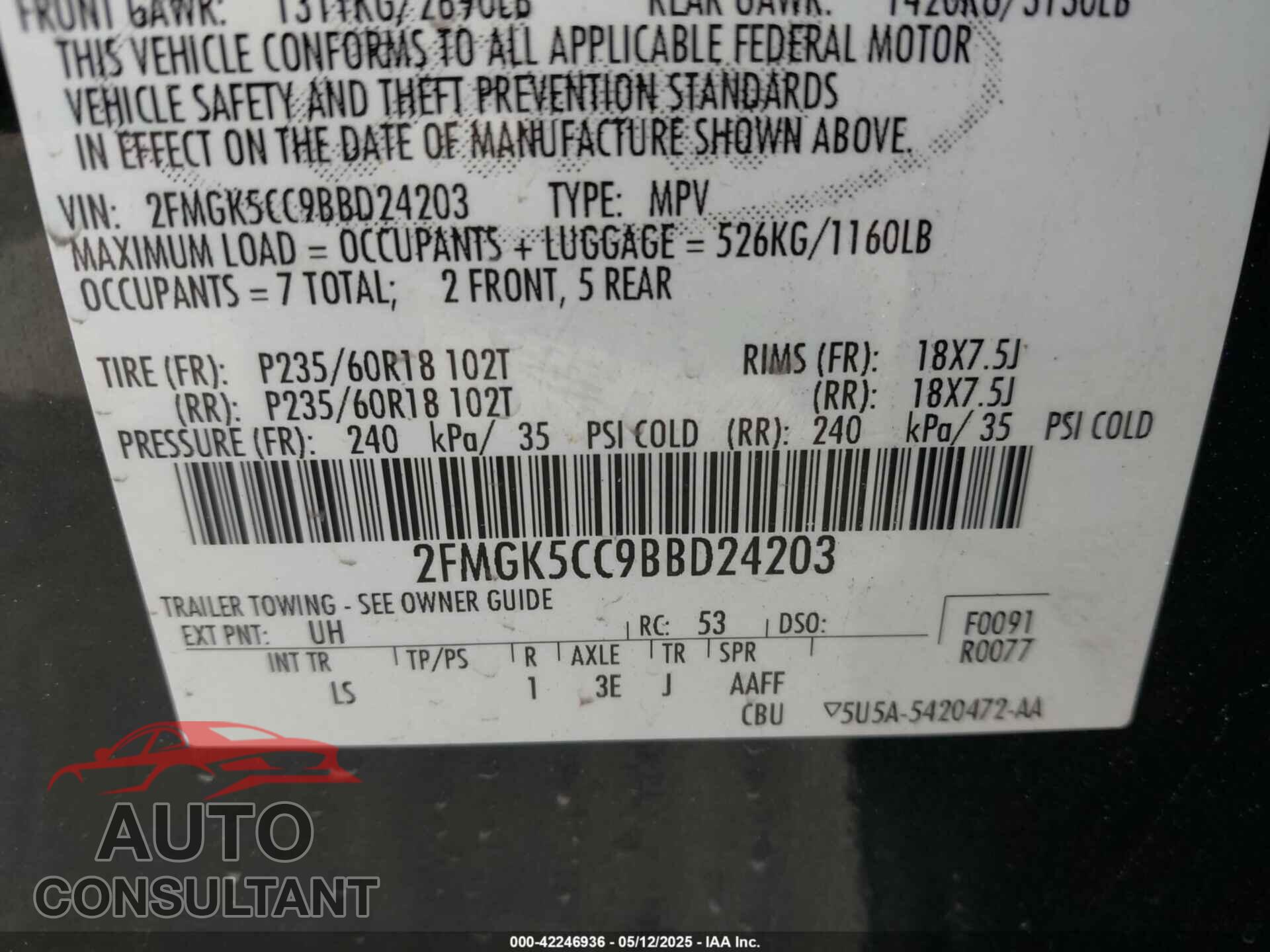 FORD FLEX 2011 - 2FMGK5CC9BBD24203