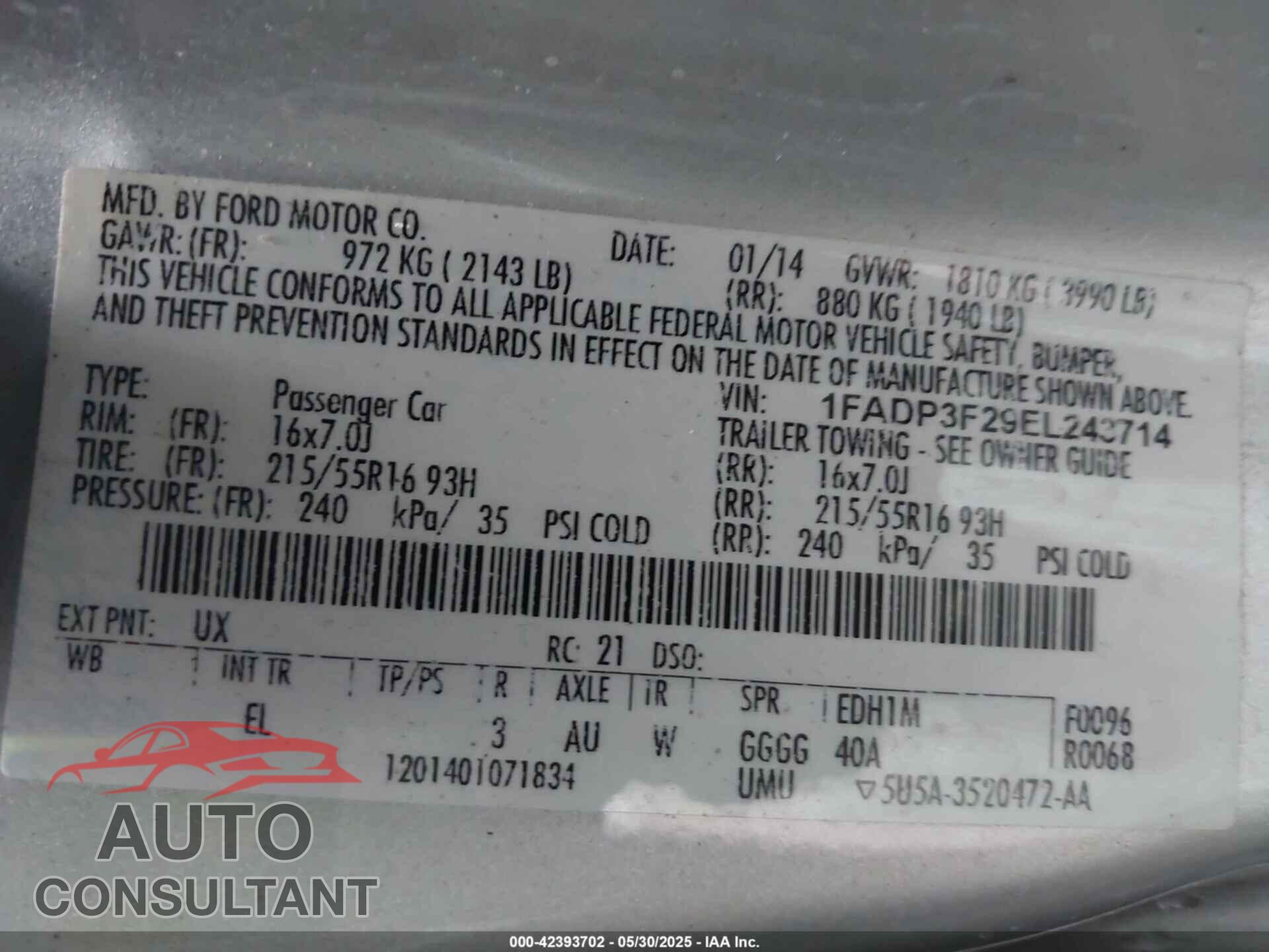 FORD FOCUS 2014 - 1FADP3F29EL243714