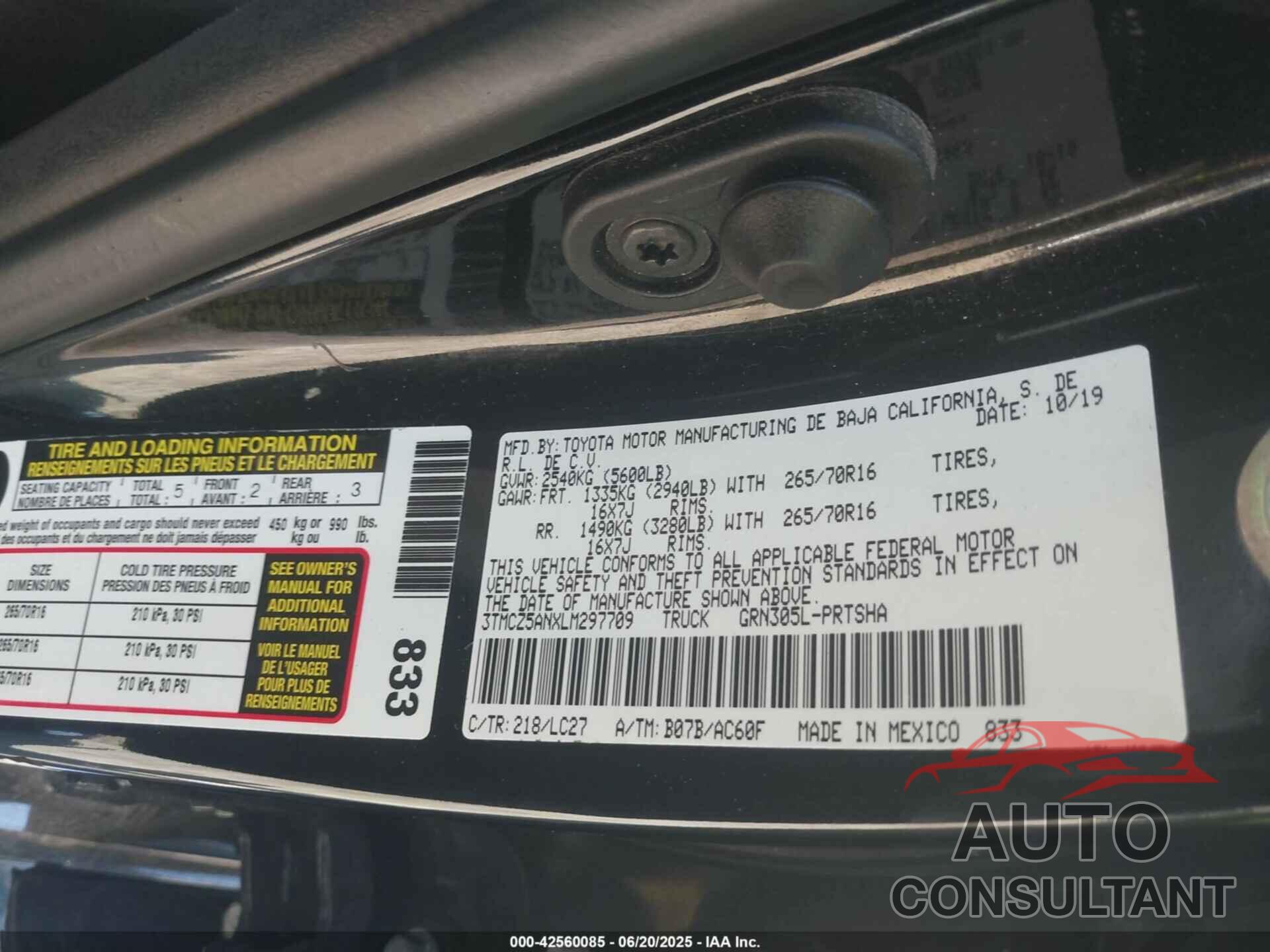 TOYOTA TACOMA 2020 - 3TMCZ5ANXLM297709