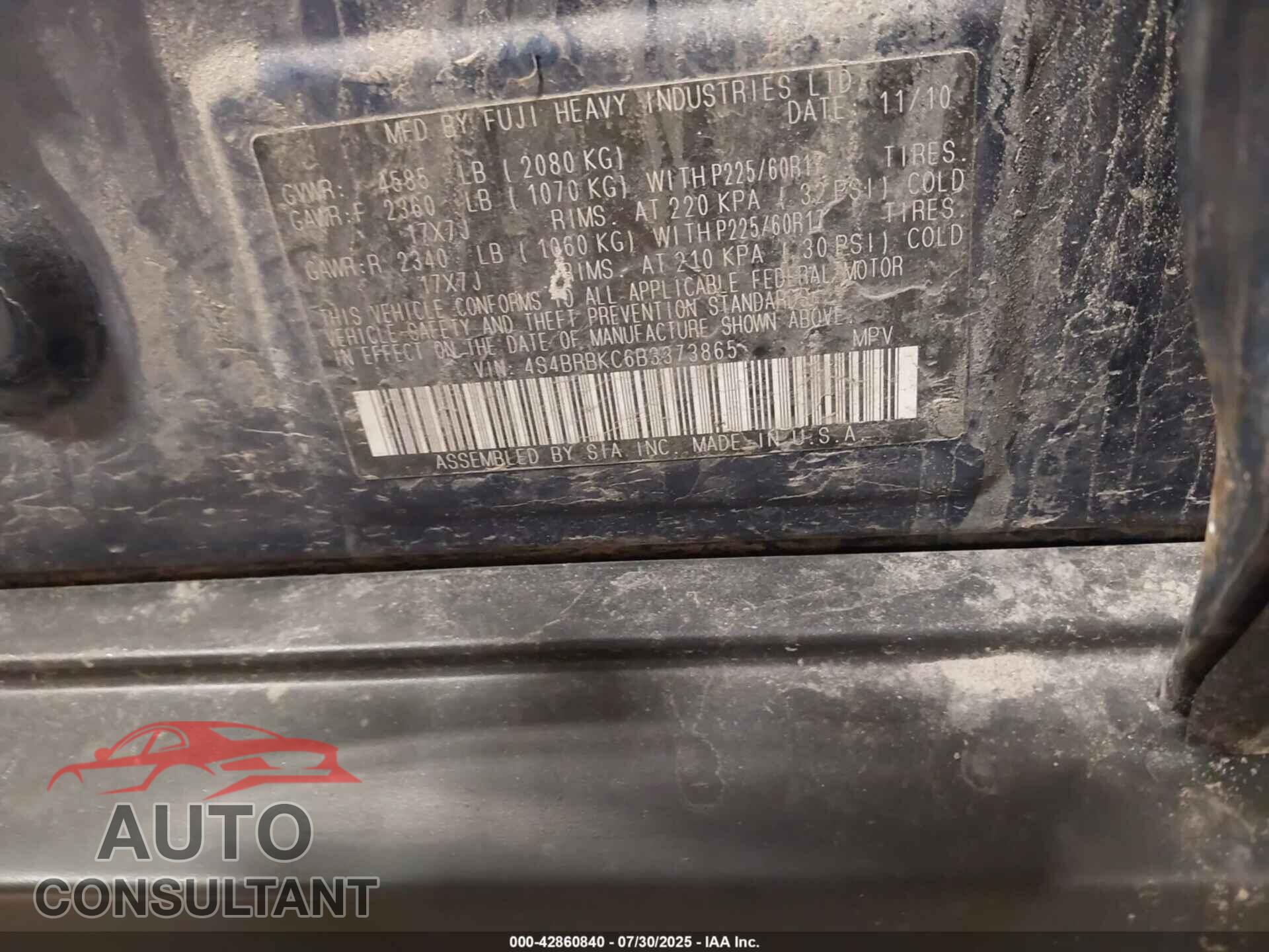 SUBARU OUTBACK 2011 - 4S4BRBKC6B3373865