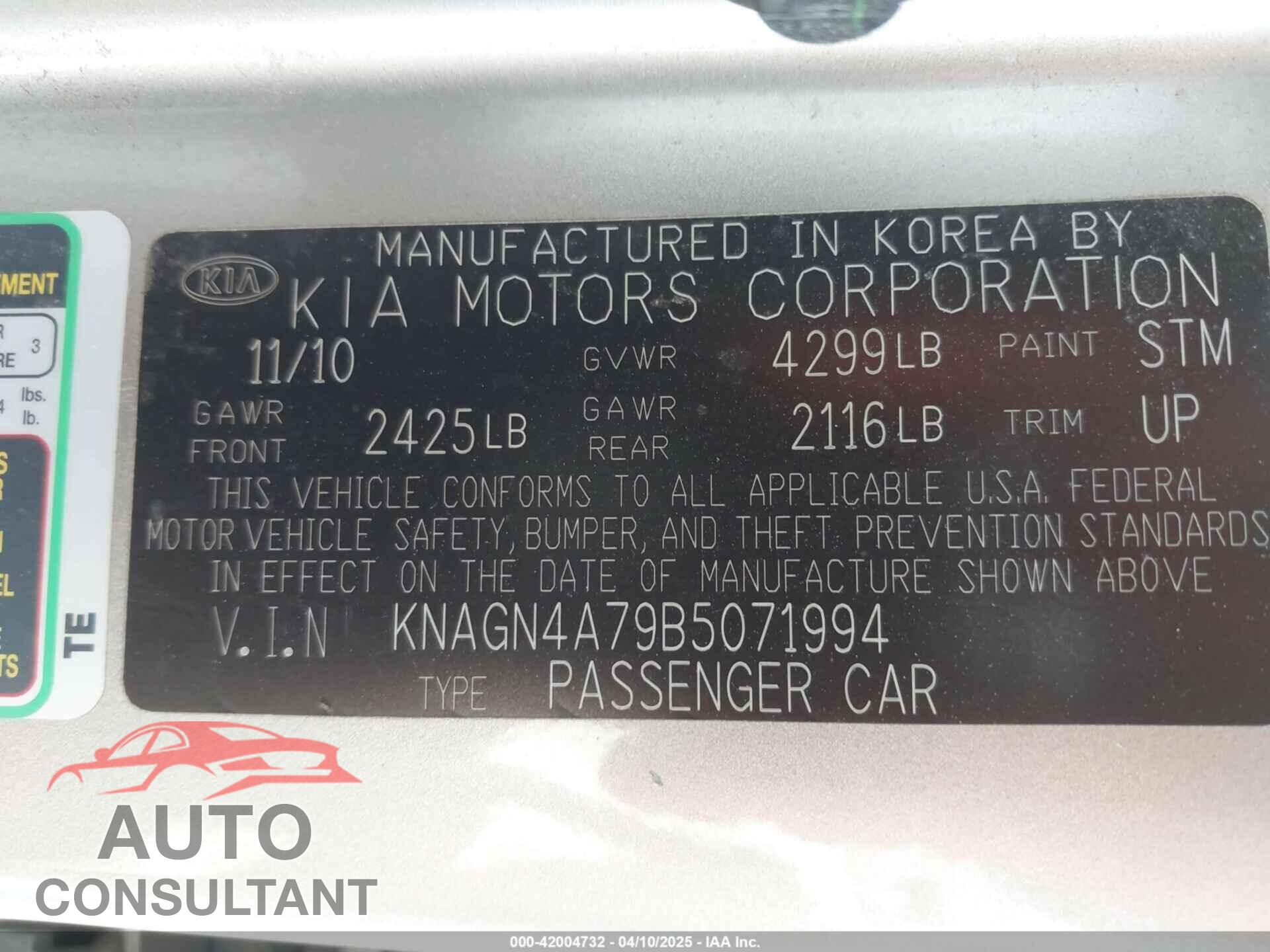 KIA OPTIMA 2011 - KNAGN4A79B5071994