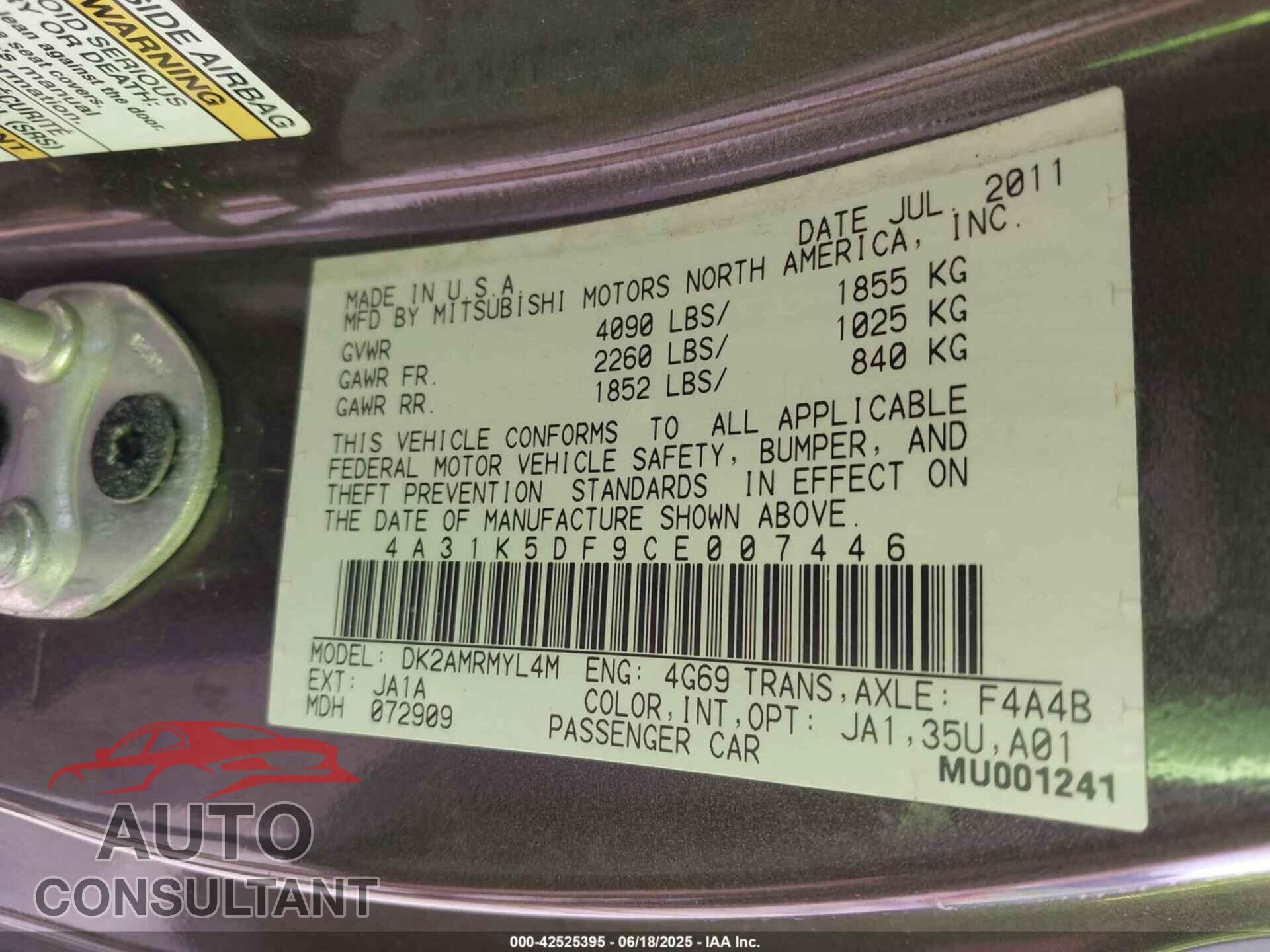 MITSUBISHI ECLIPSE 2012 - 4A31K5DF9CE007446