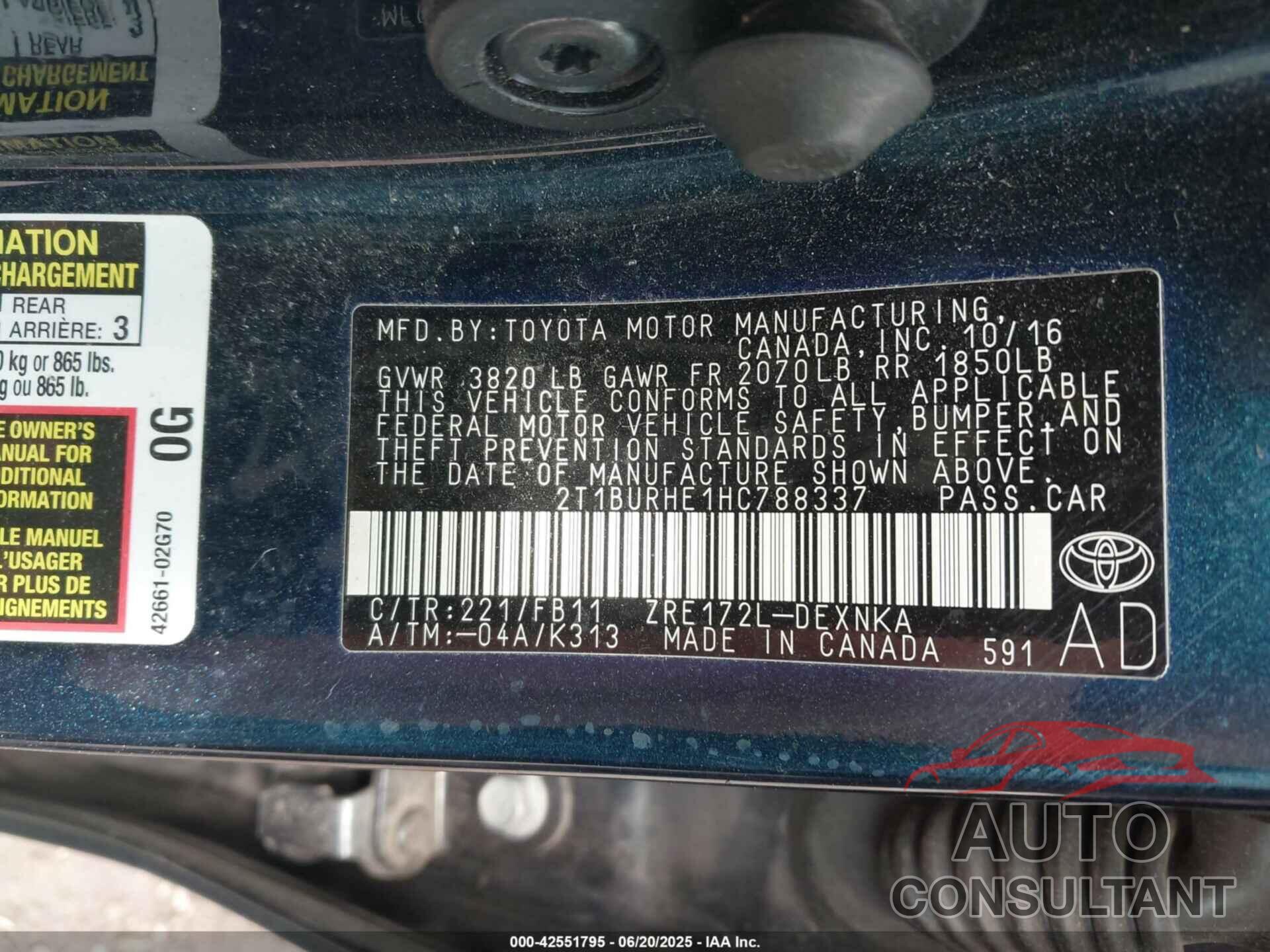 TOYOTA COROLLA 2017 - 2T1BURHE1HC788337