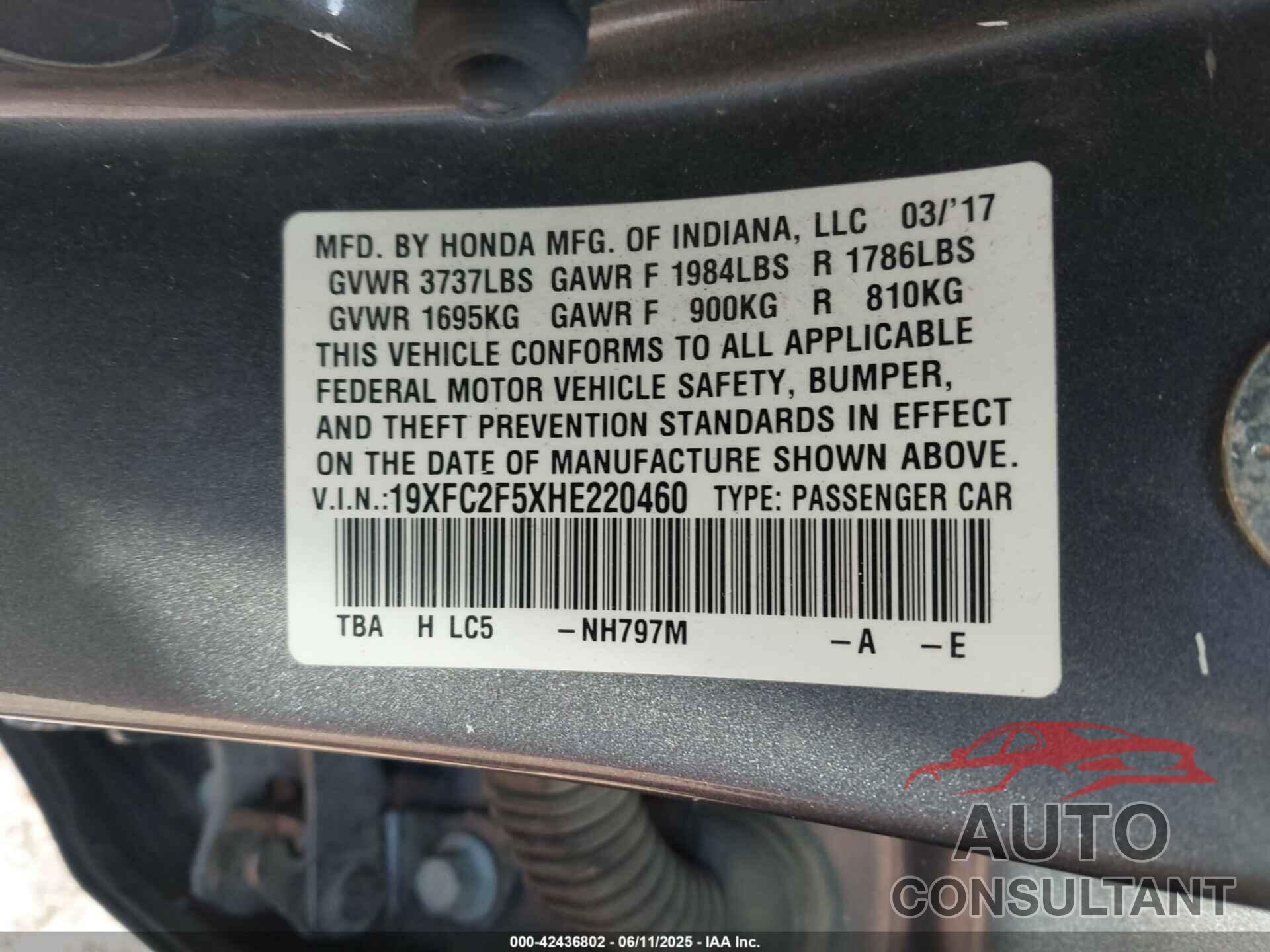HONDA CIVIC 2017 - 19XFC2F5XHE220460
