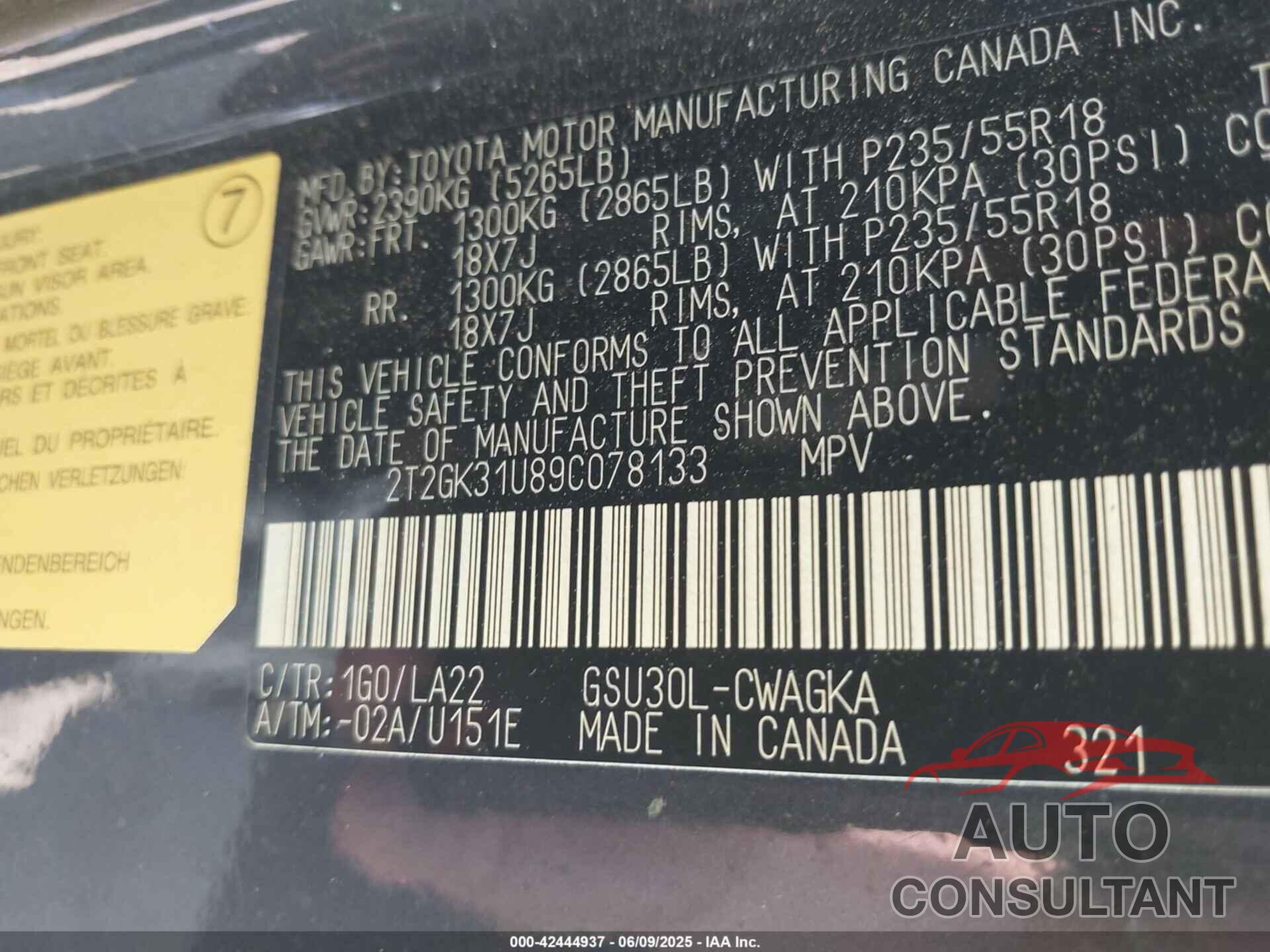 LEXUS RX 350 2009 - 2T2GK31U89C078133