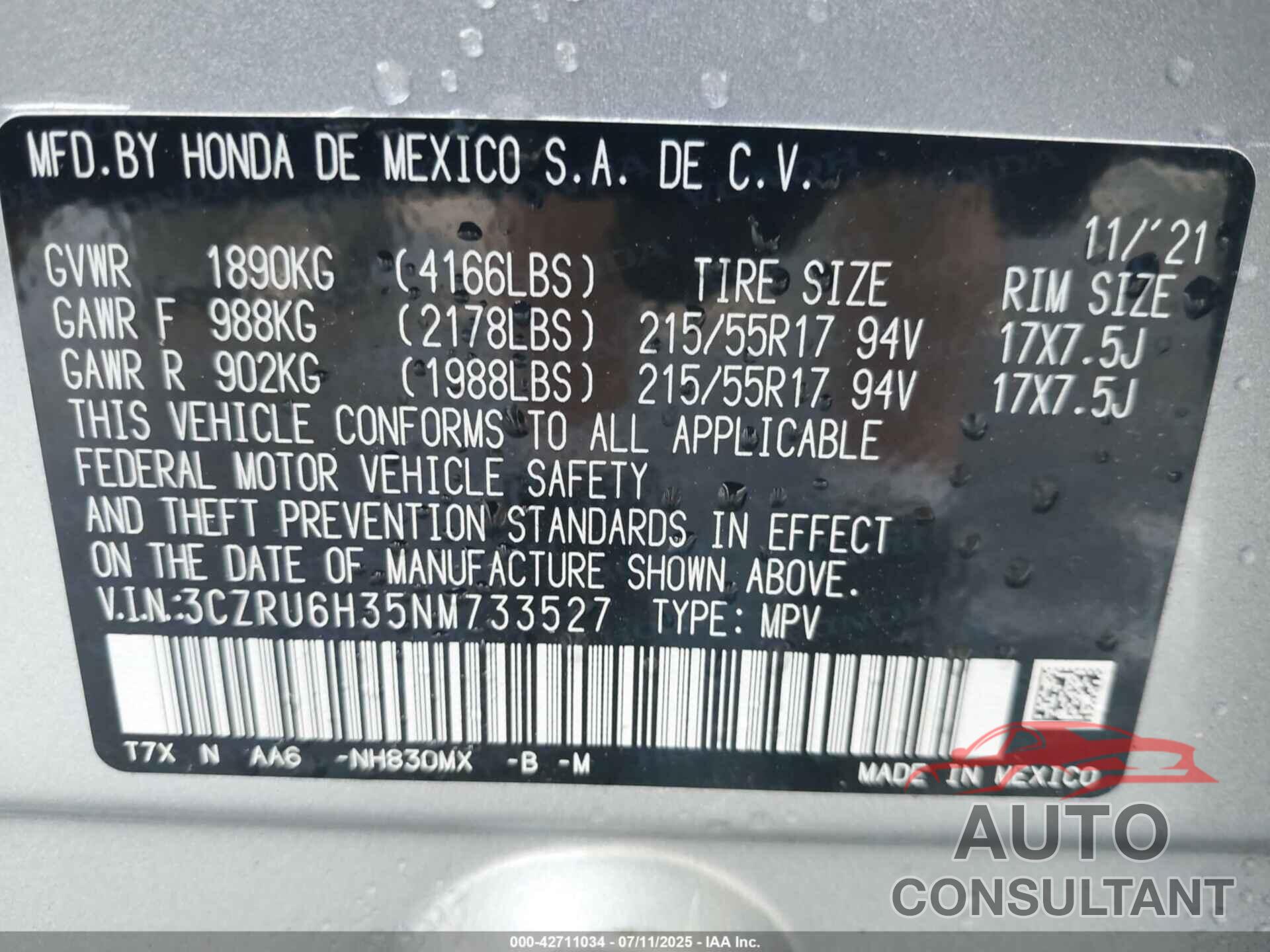 HONDA HR-V 2022 - 3CZRU6H35NM733527