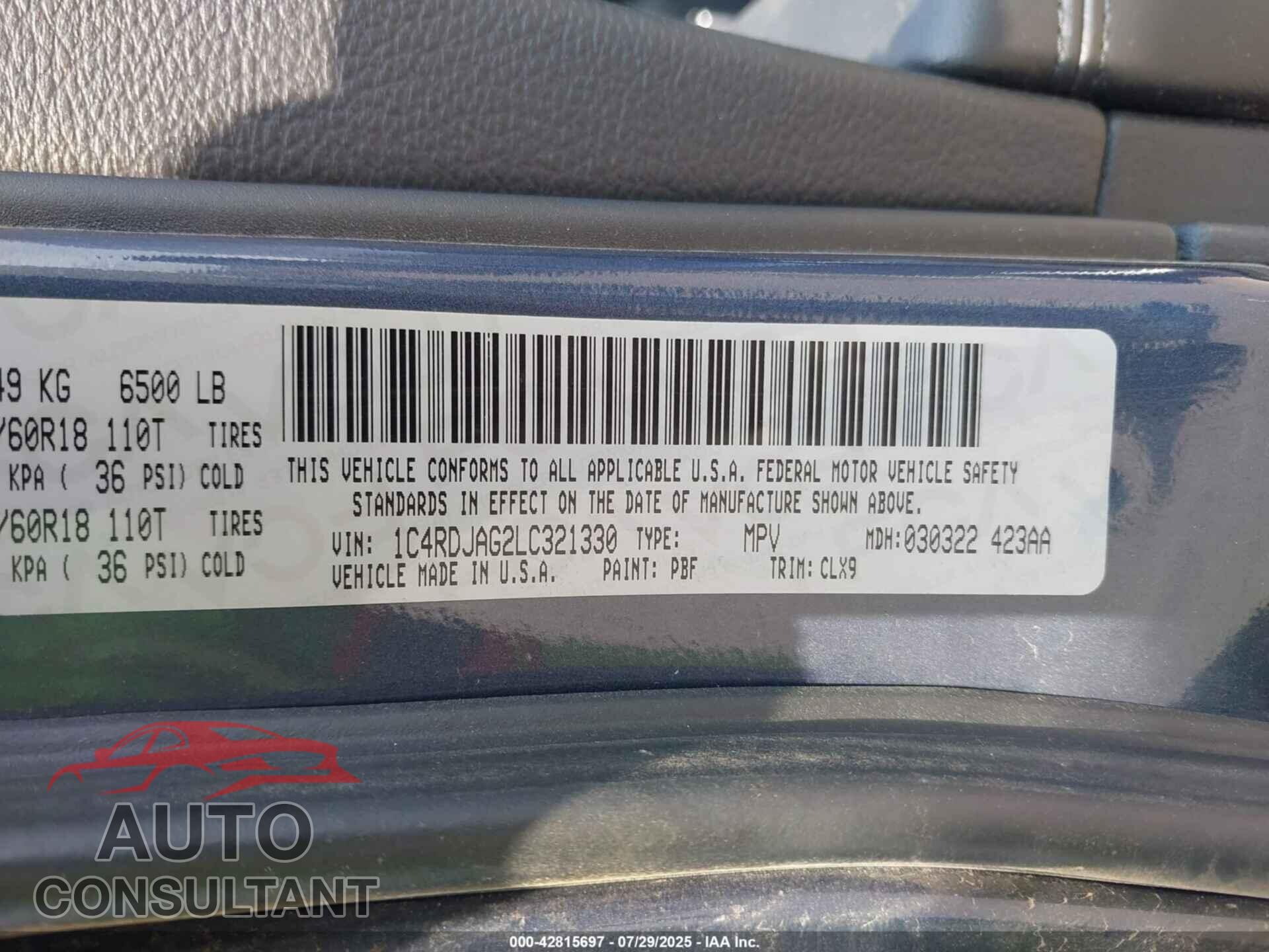 DODGE DURANGO 2020 - 1C4RDJAG2LC321330