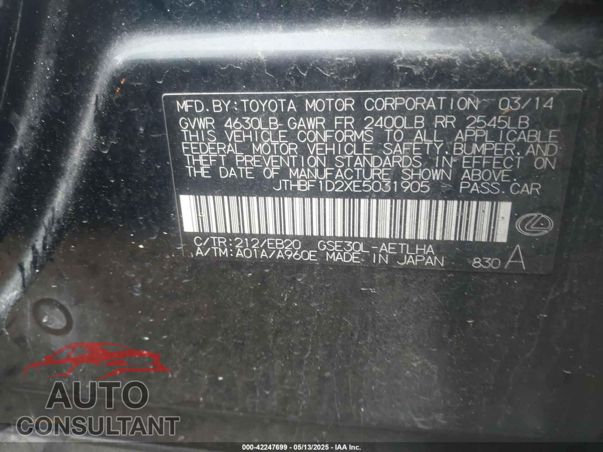 LEXUS IS 250 2014 - JTHBF1D2XE5031905