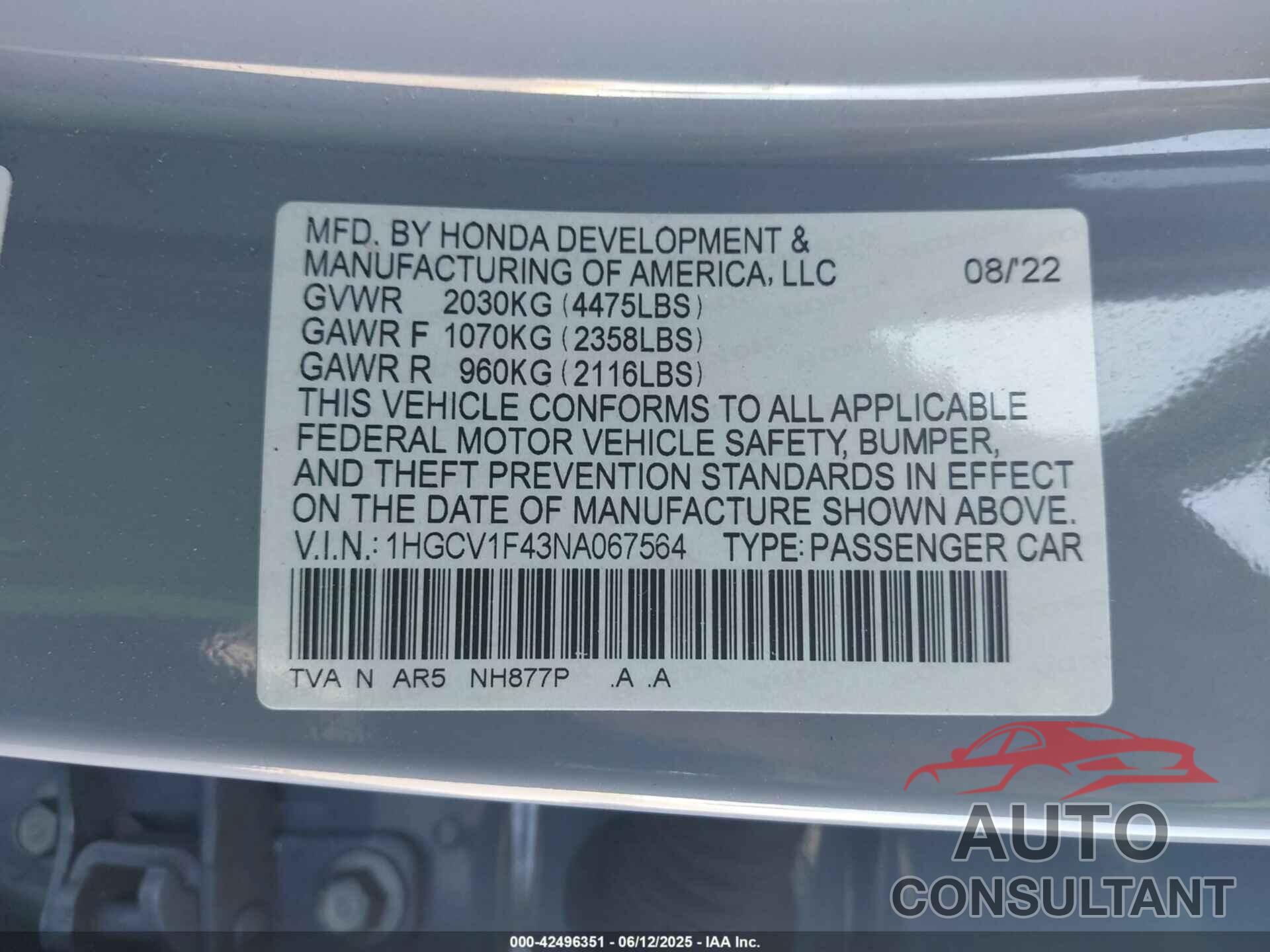 HONDA ACCORD 2022 - 1HGCV1F43NA067564