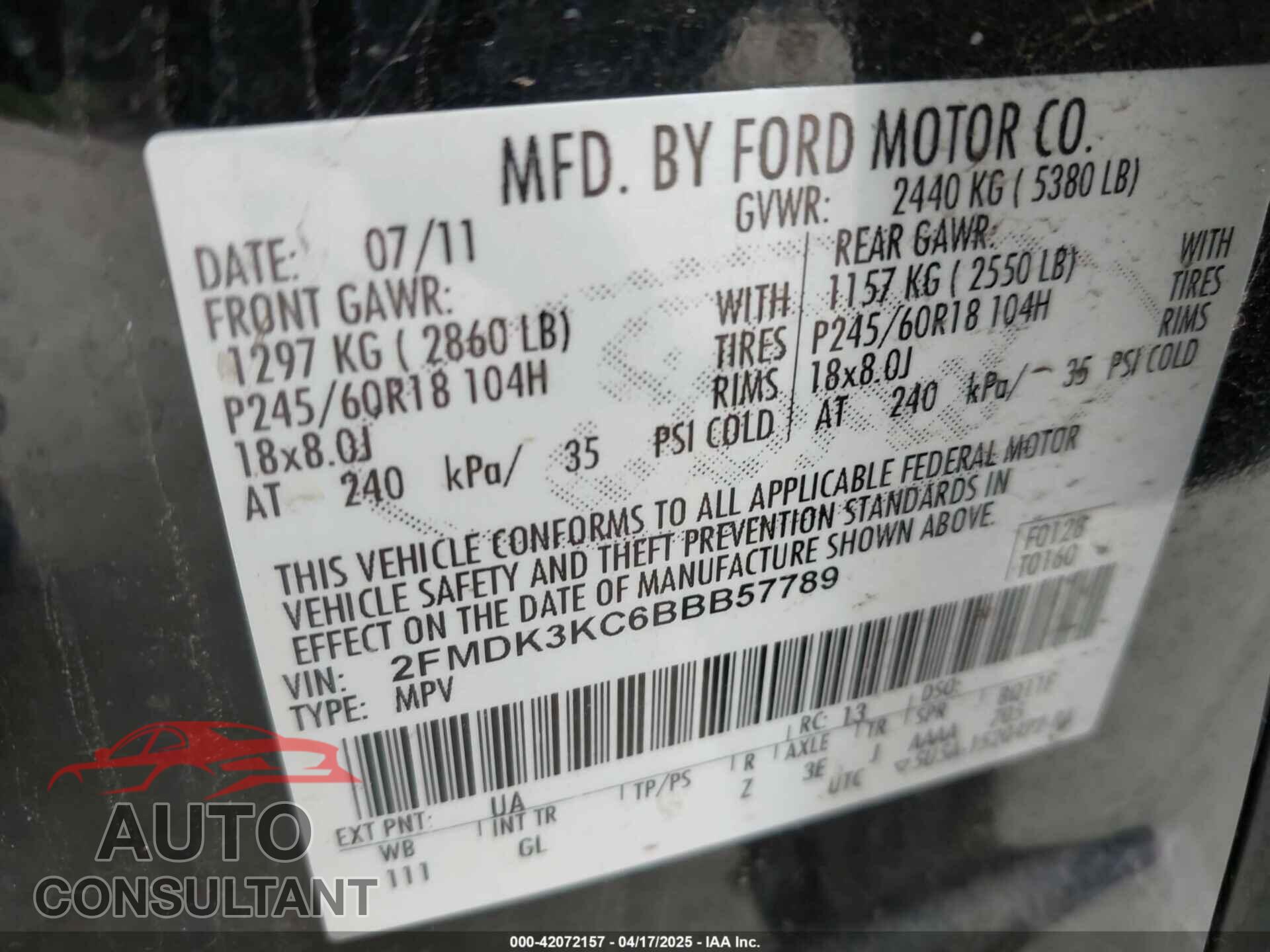 FORD EDGE 2011 - 2FMDK3KC6BBB57789