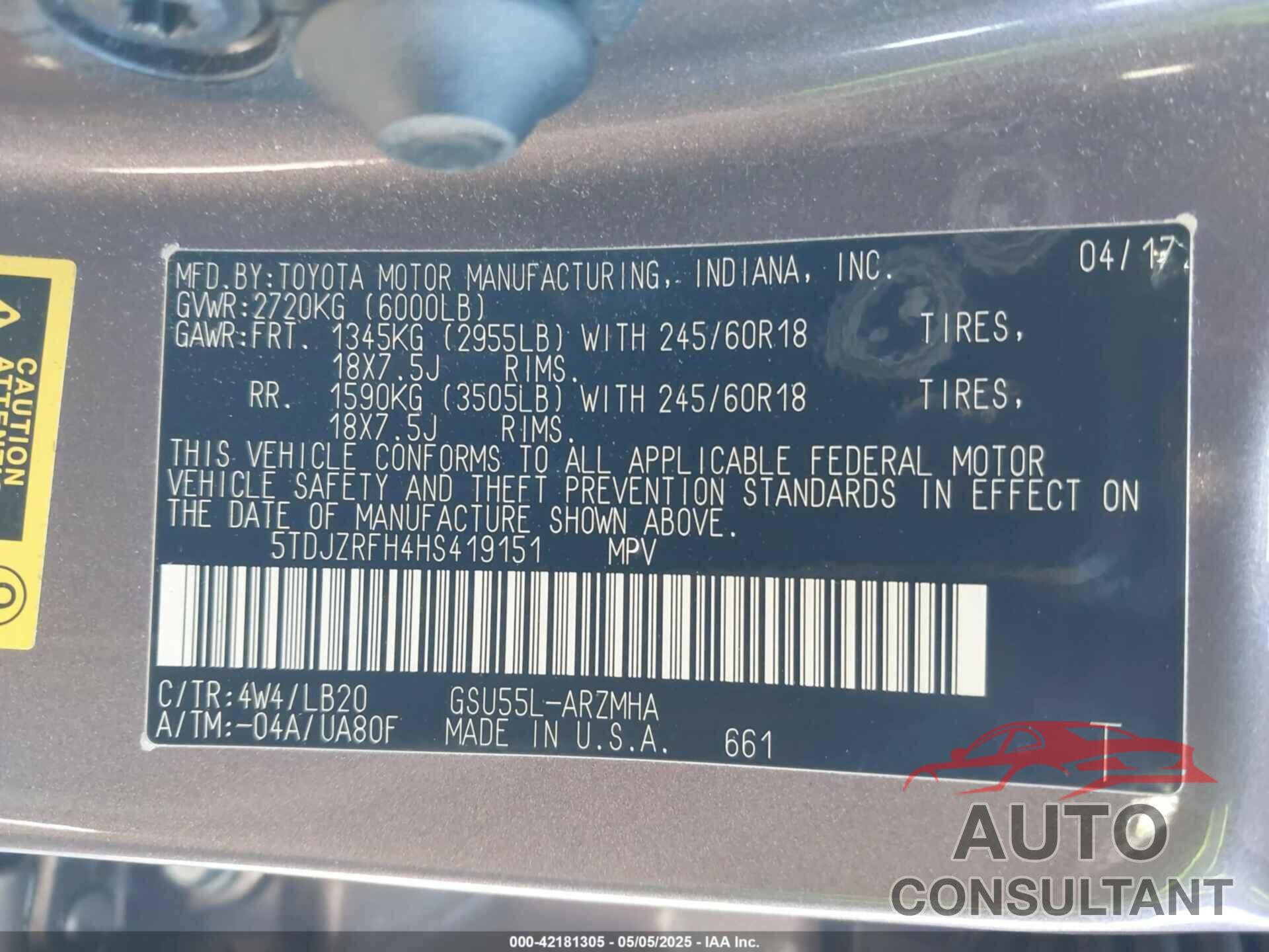 TOYOTA HIGHLANDER 2017 - 5TDJZRFH4HS419151
