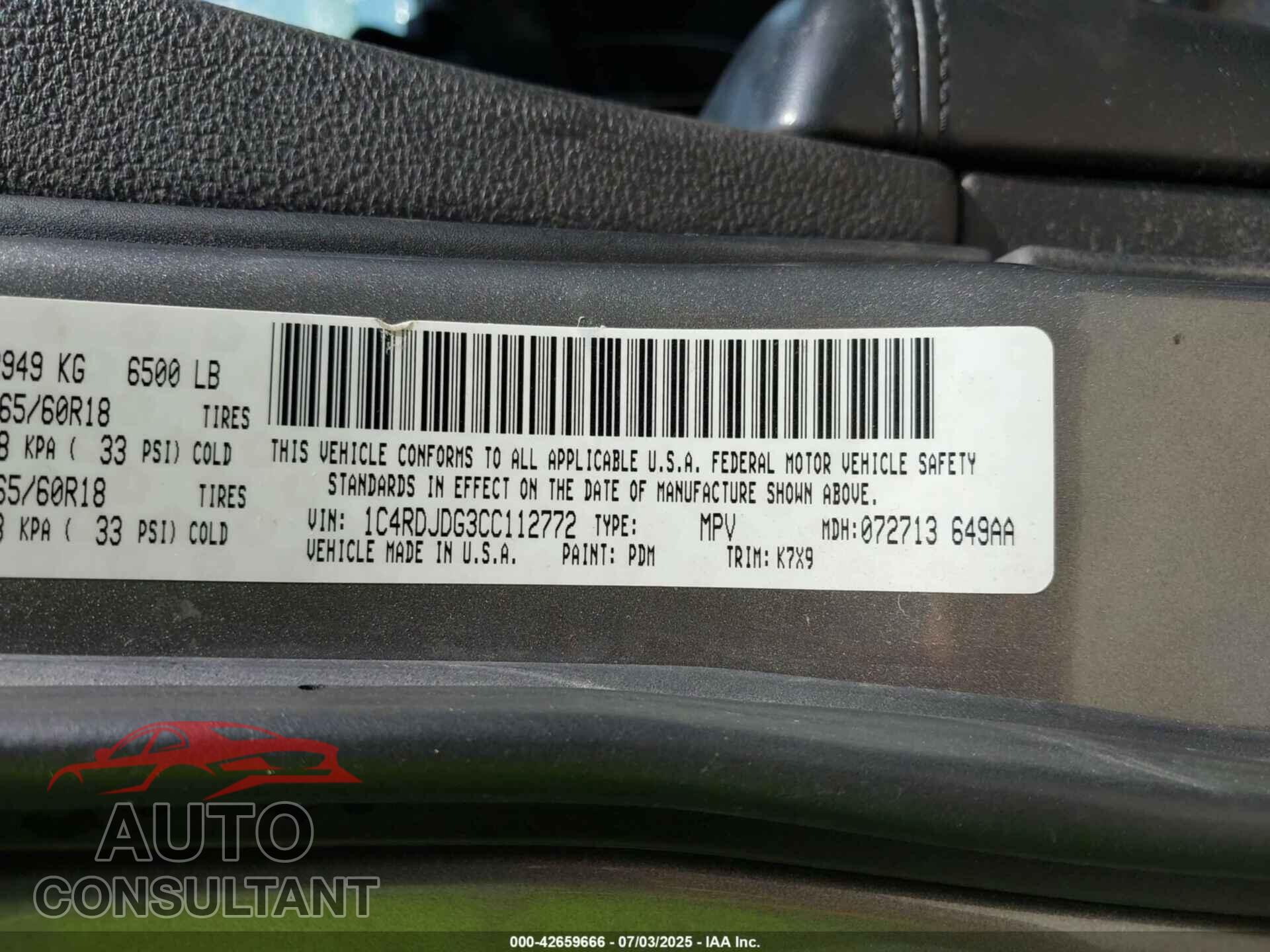 DODGE DURANGO 2012 - 1C4RDJDG3CC112772