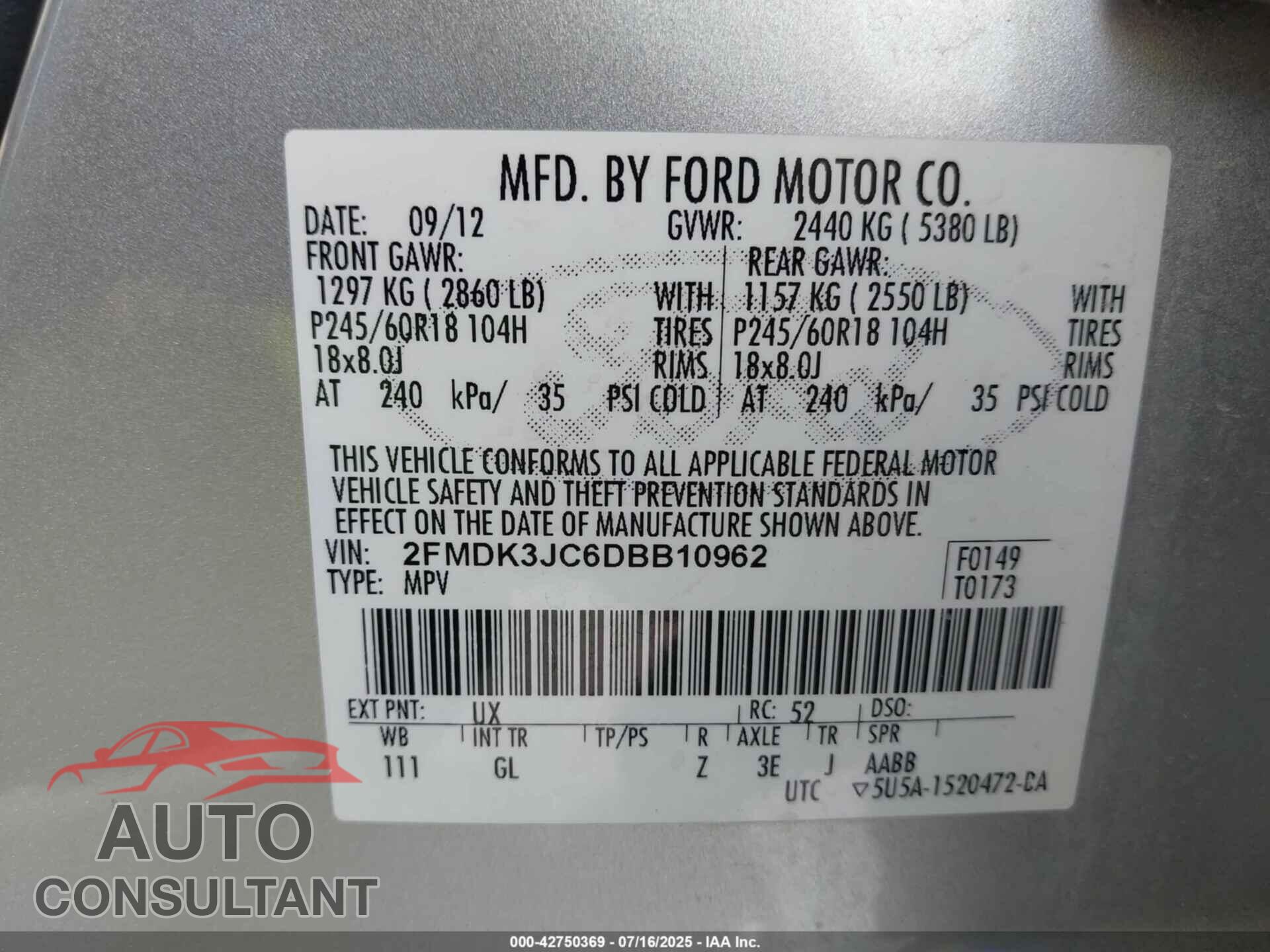 FORD EDGE 2013 - 2FMDK3JC6DBB10962