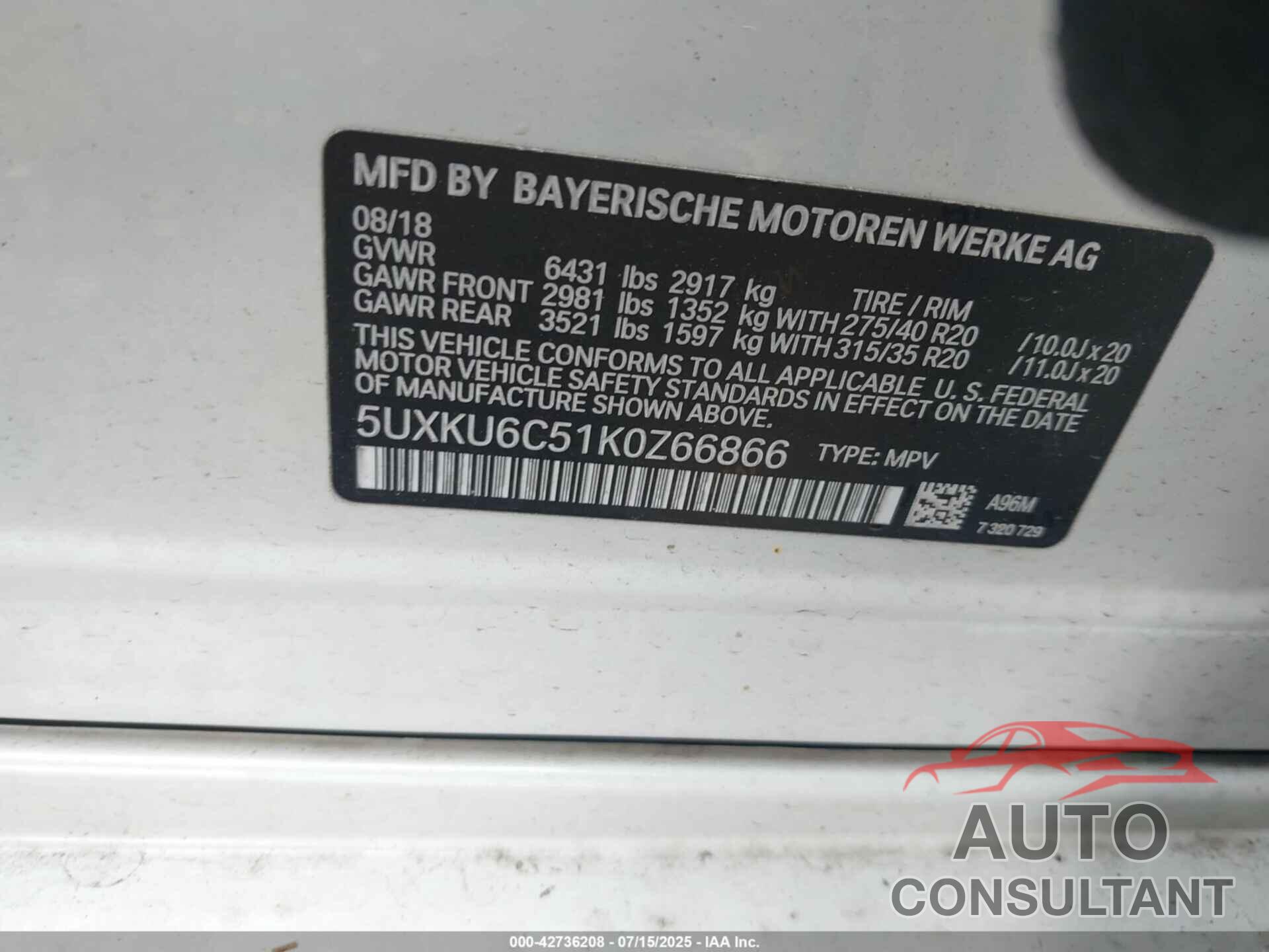 BMW X6 2019 - 5UXKU6C51K0Z66866