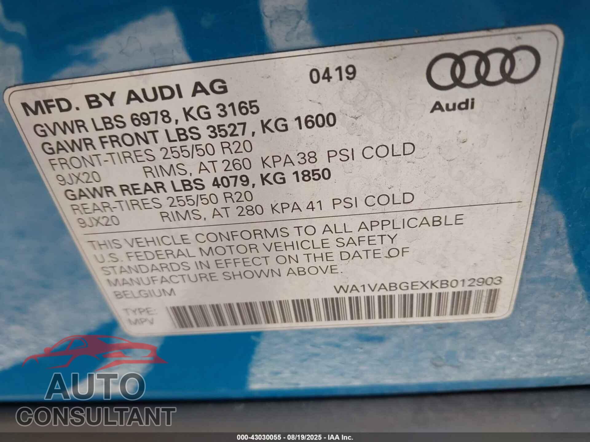 AUDI E-TRON 2019 - WA1VABGEXKB012903