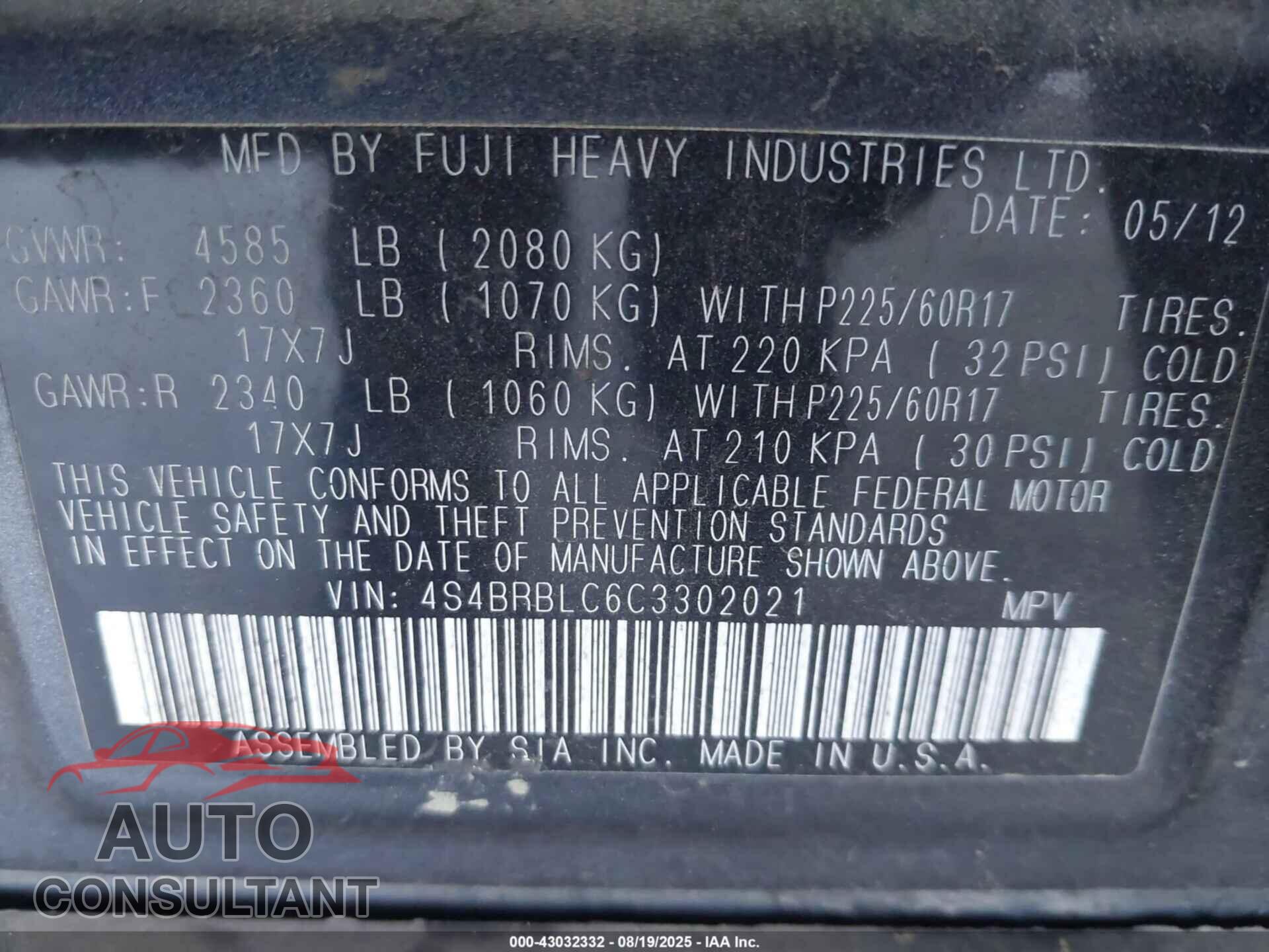 SUBARU OUTBACK 2012 - 4S4BRBLC6C3302021