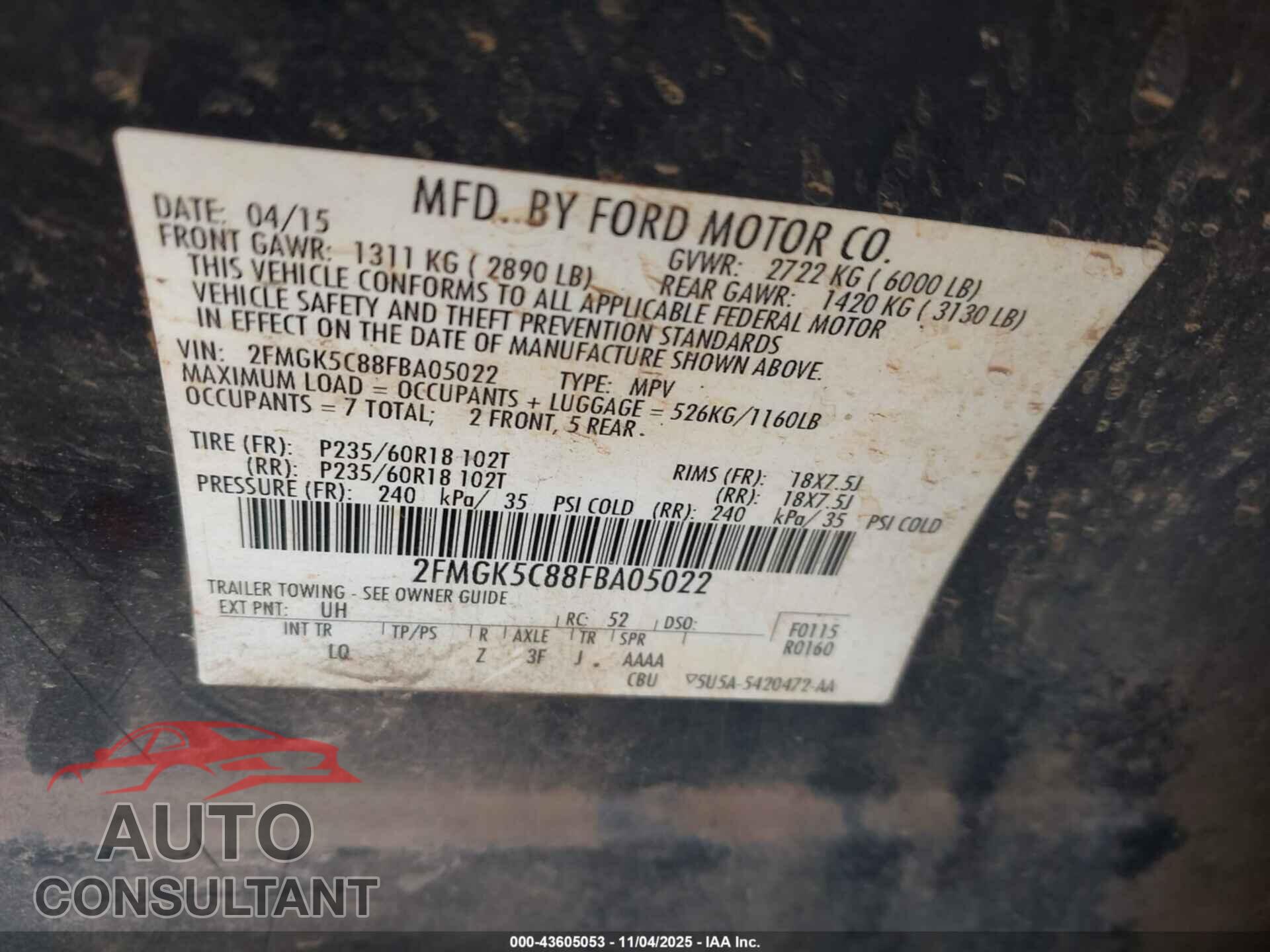 FORD FLEX 2015 - 2FMGK5C88FBA05022