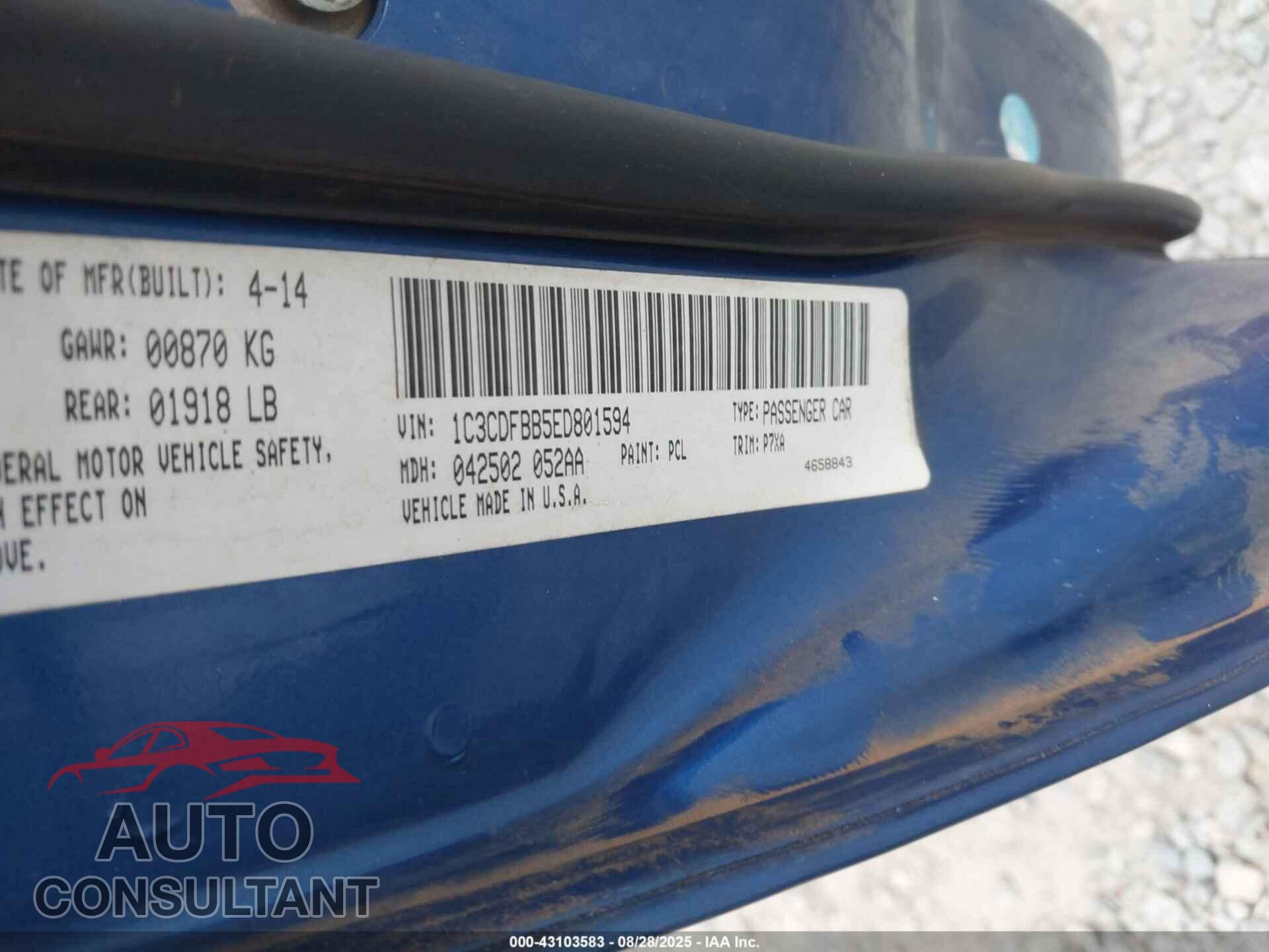 DODGE DART 2014 - 1C3CDFBB5ED801594