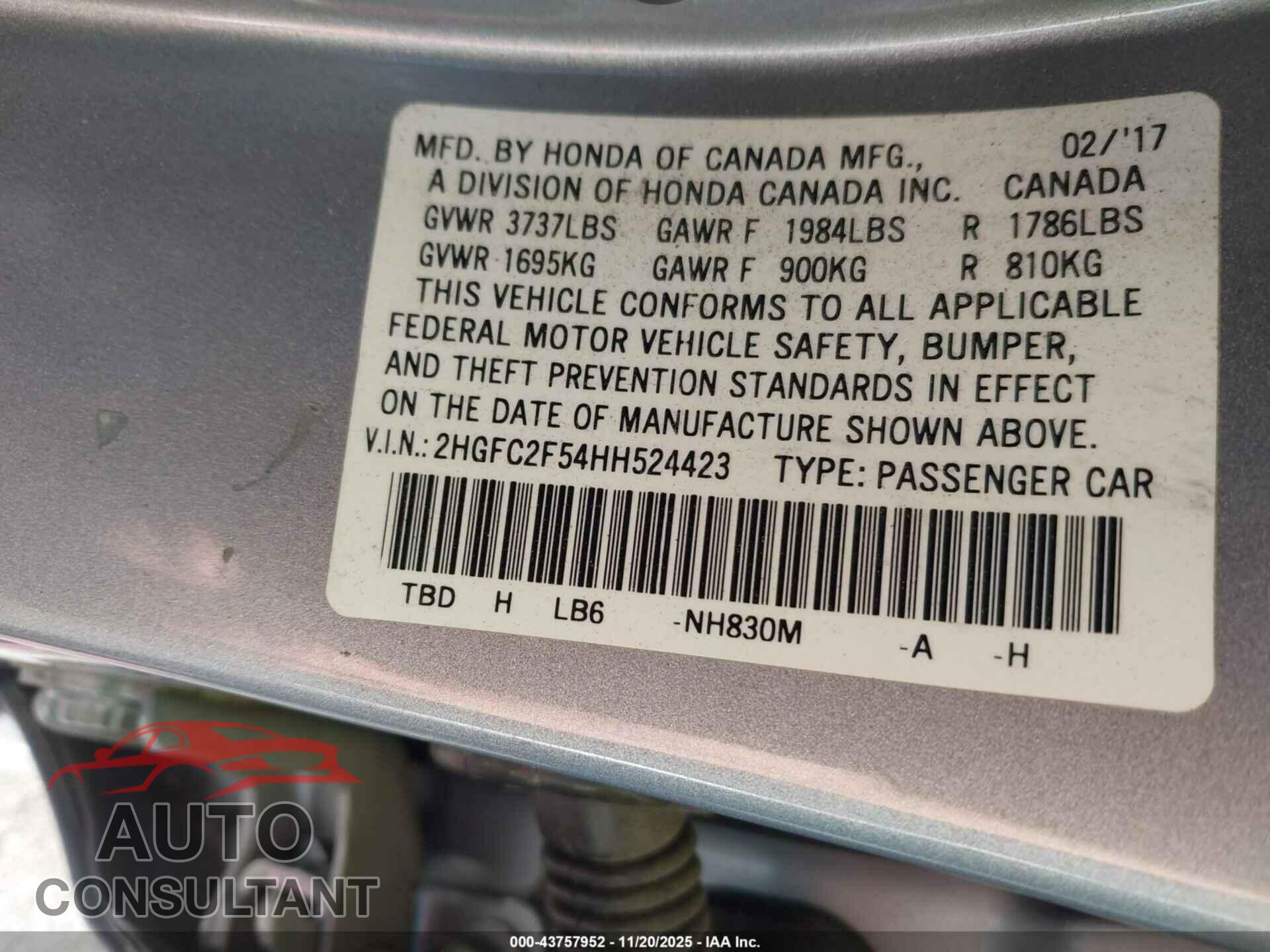 HONDA CIVIC 2017 - 2HGFC2F54HH524423