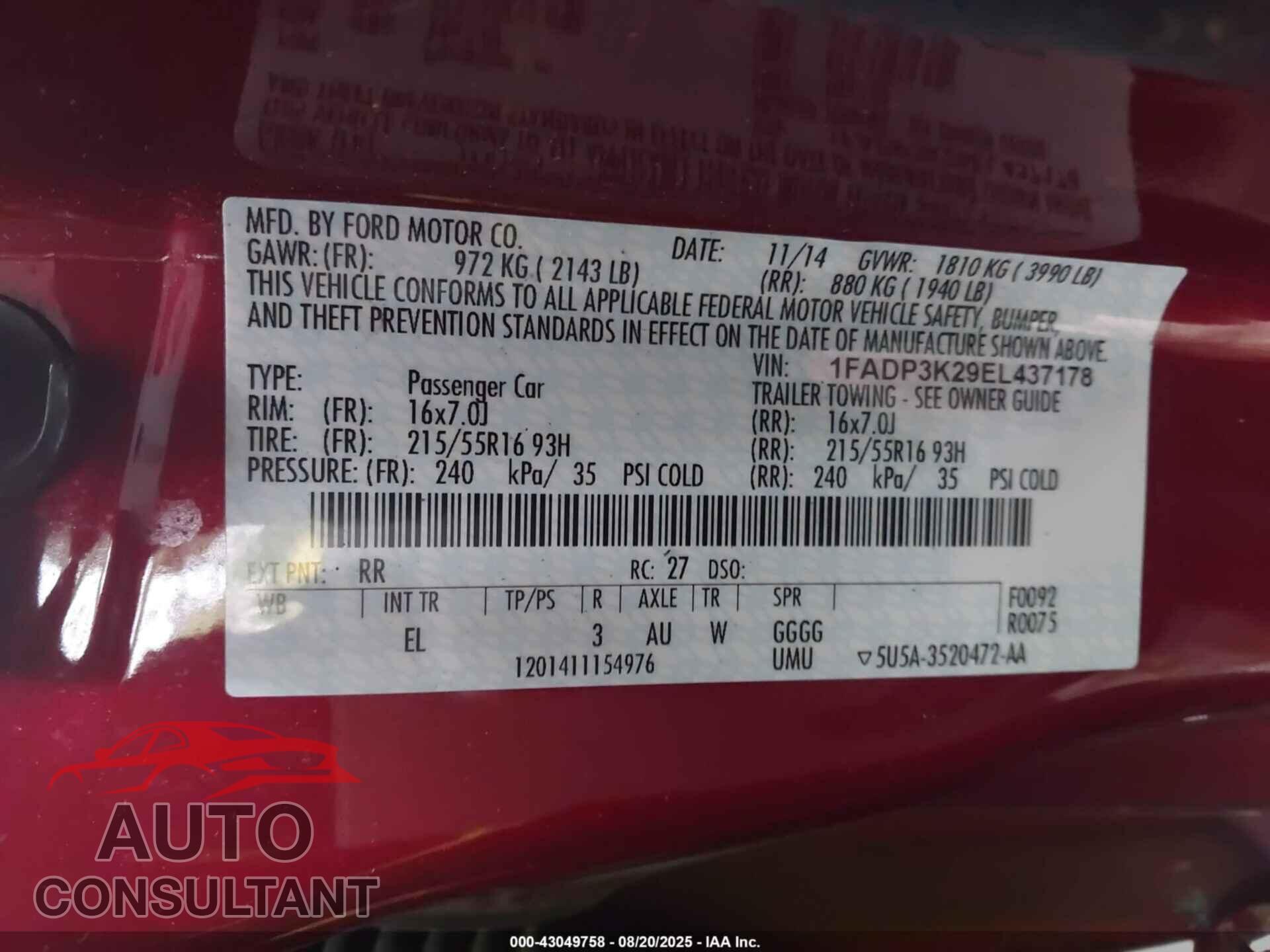 FORD FOCUS 2014 - 1FADP3K29EL437178