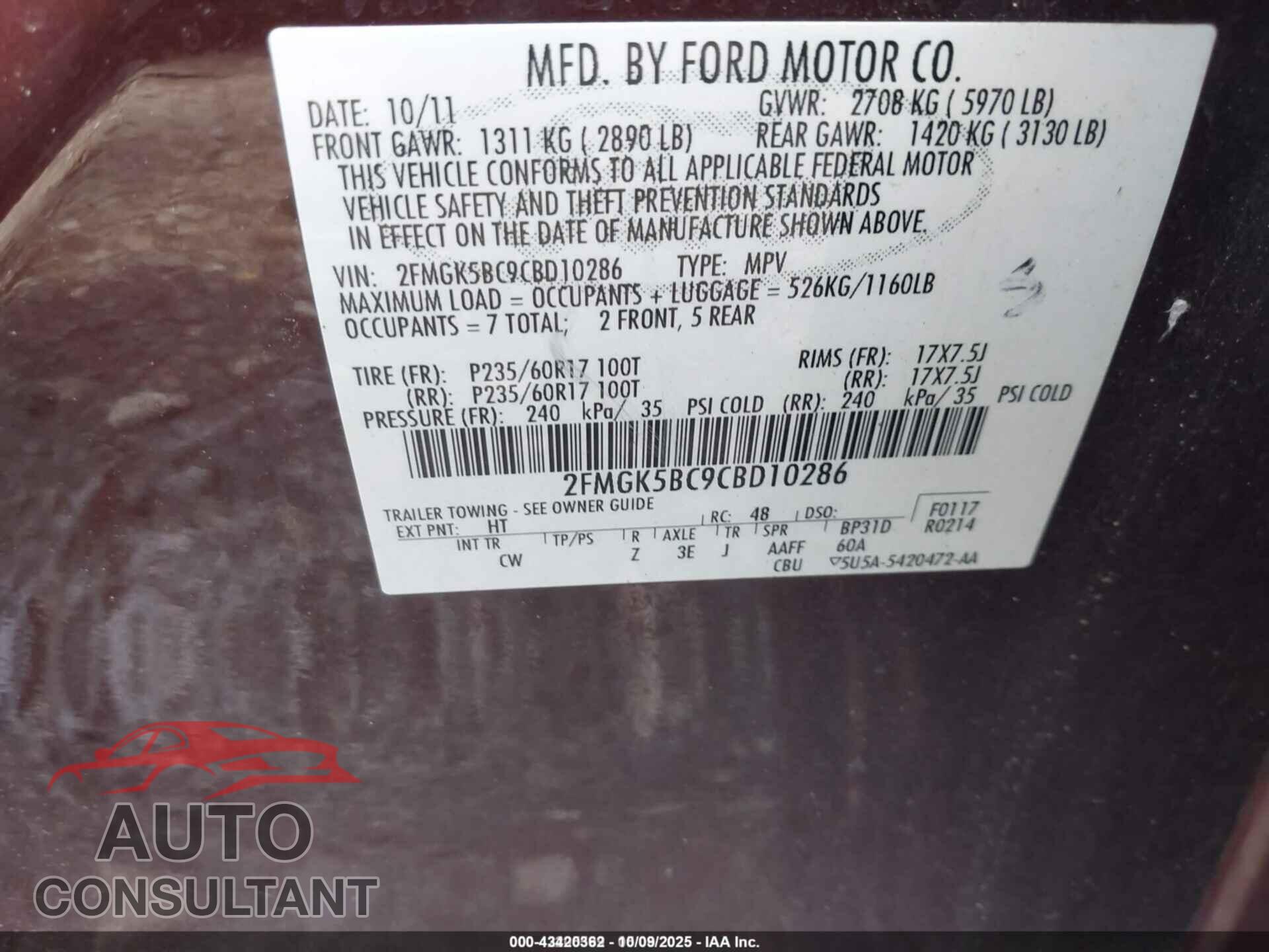 FORD FLEX 2012 - 2FMGK5BC9CBD10286