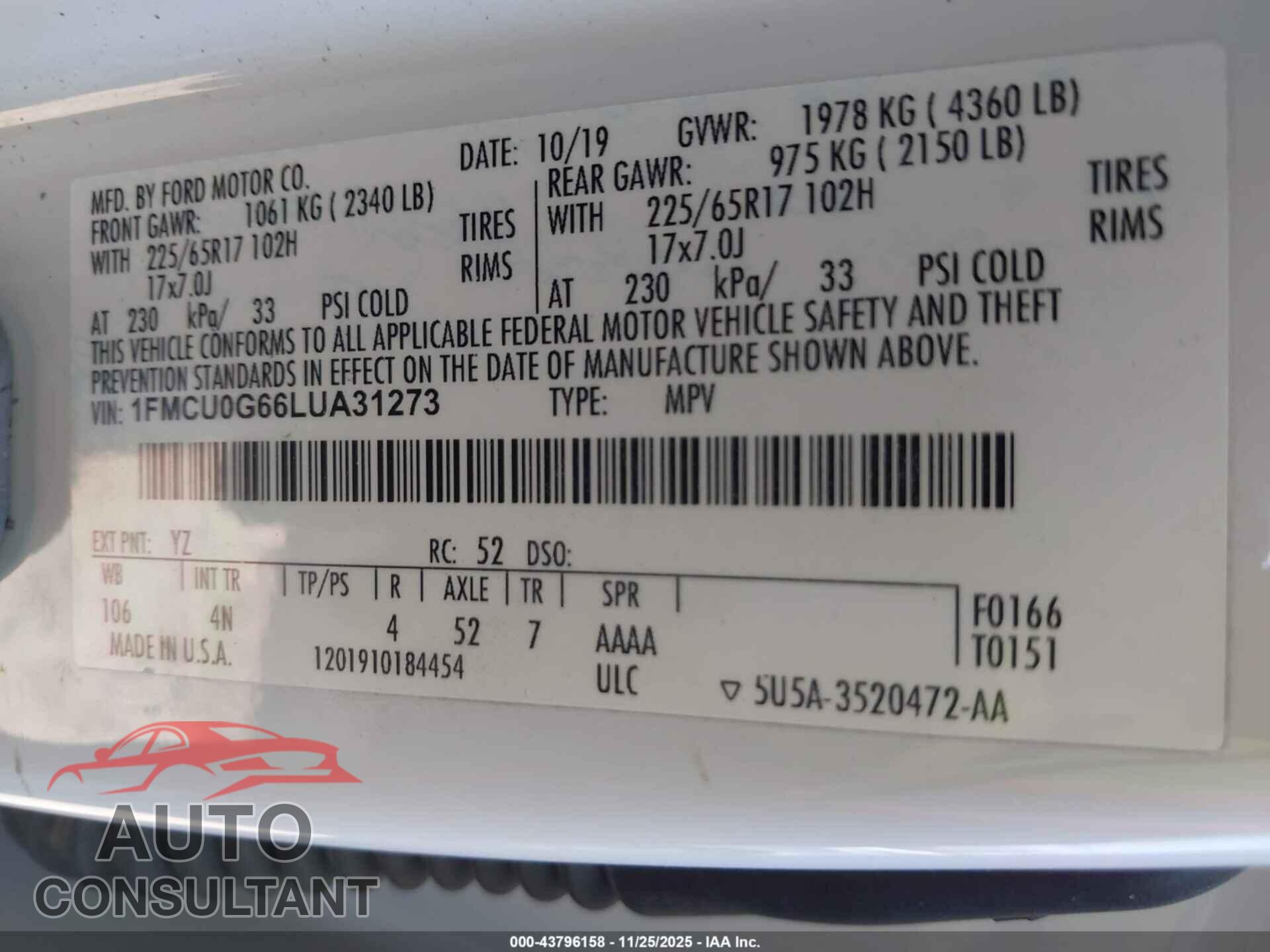 FORD ESCAPE 2020 - 1FMCU0G66LUA31273