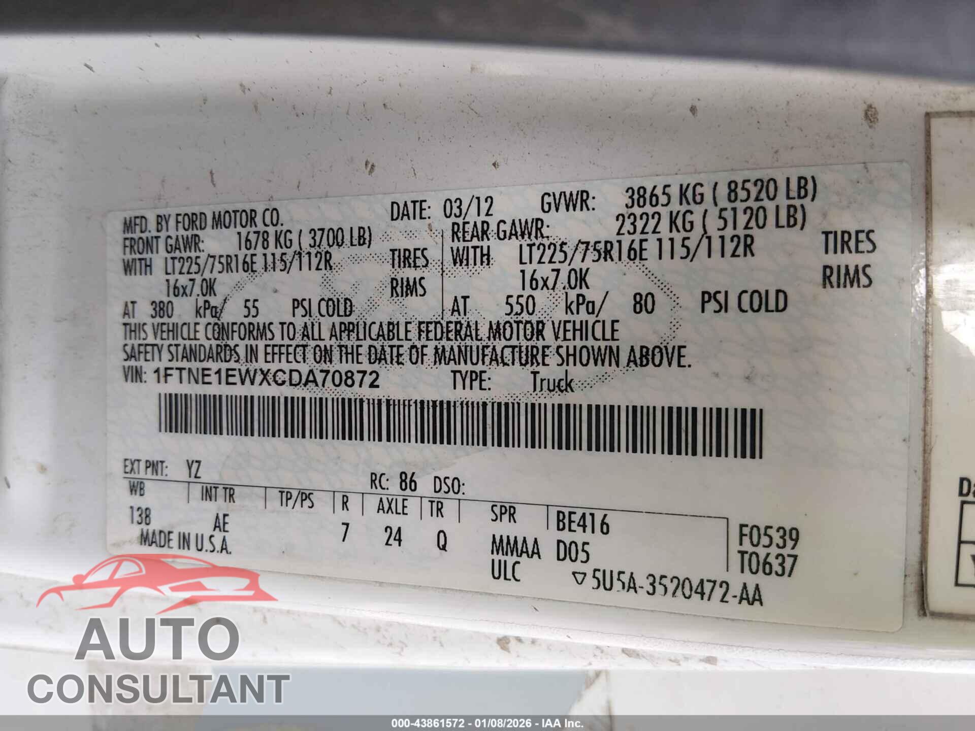 FORD E-150 2012 - 1FTNE1EWXCDA70872