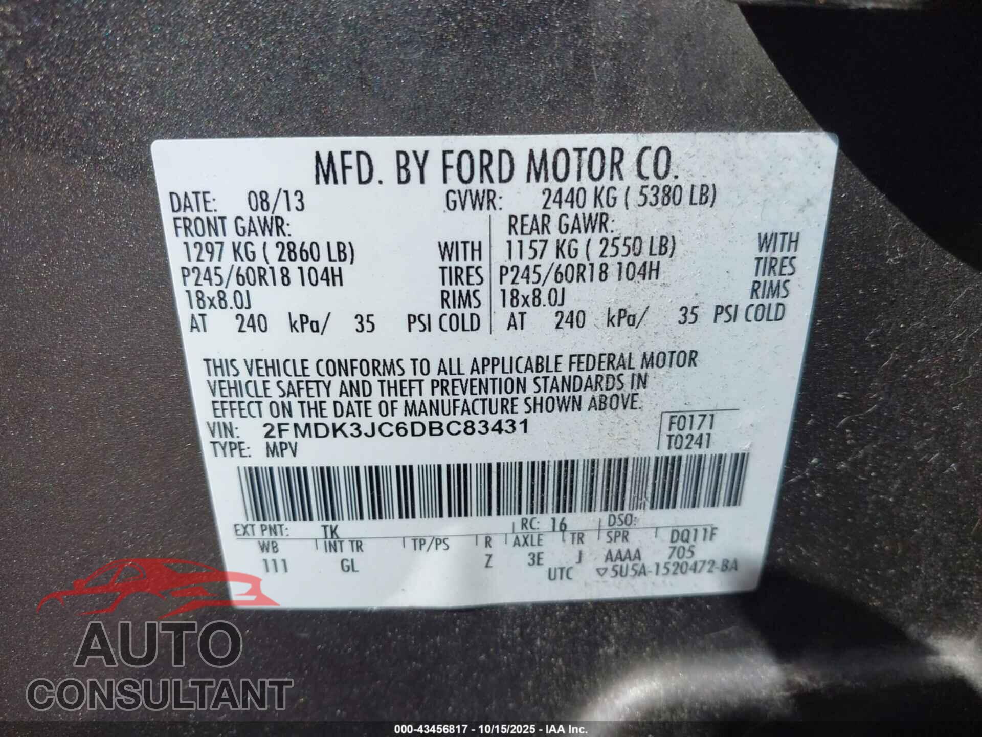 FORD EDGE 2013 - 2FMDK3JC6DBC83431