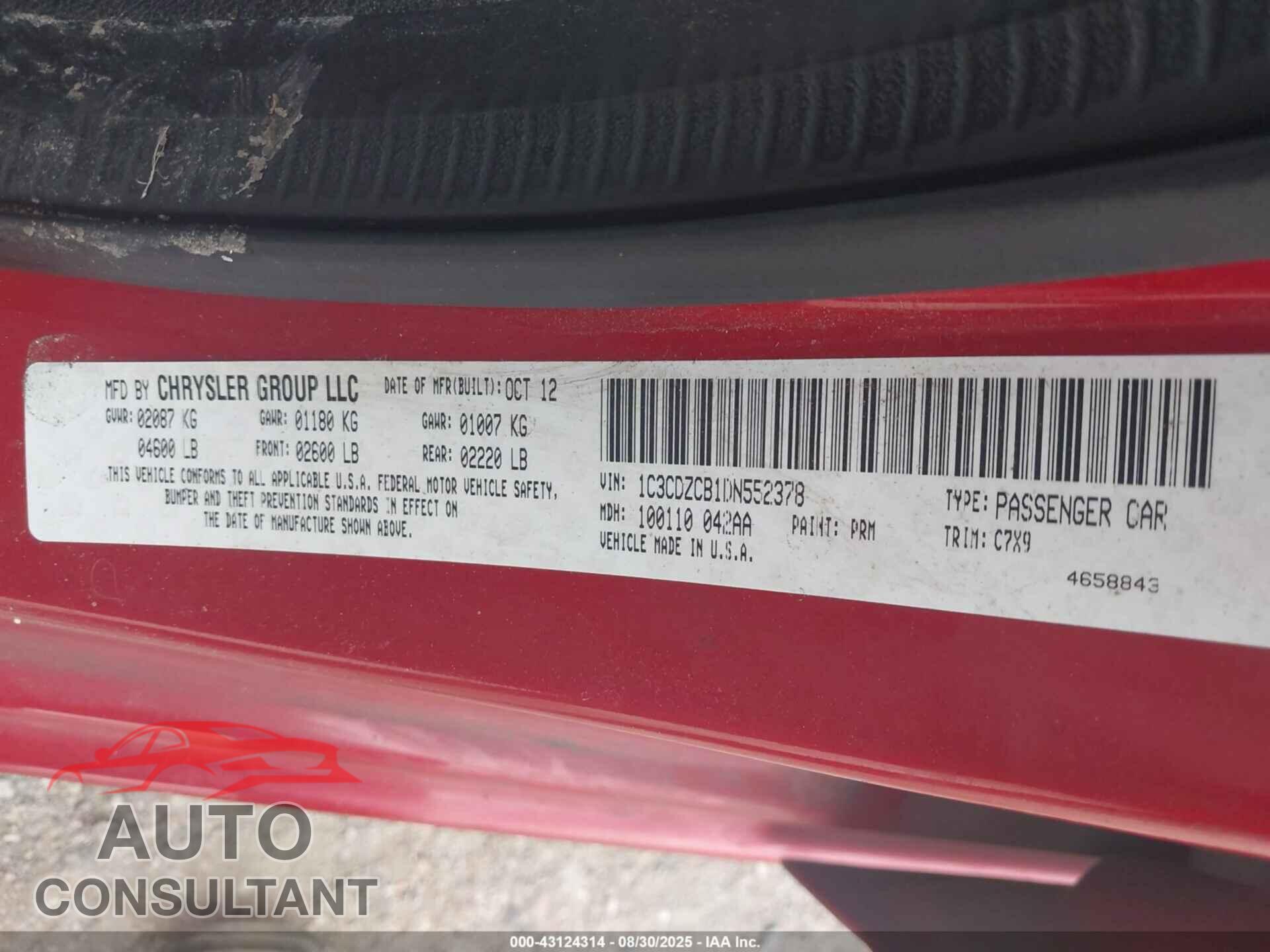 DODGE AVENGER 2013 - 1C3CDZCB1DN552378