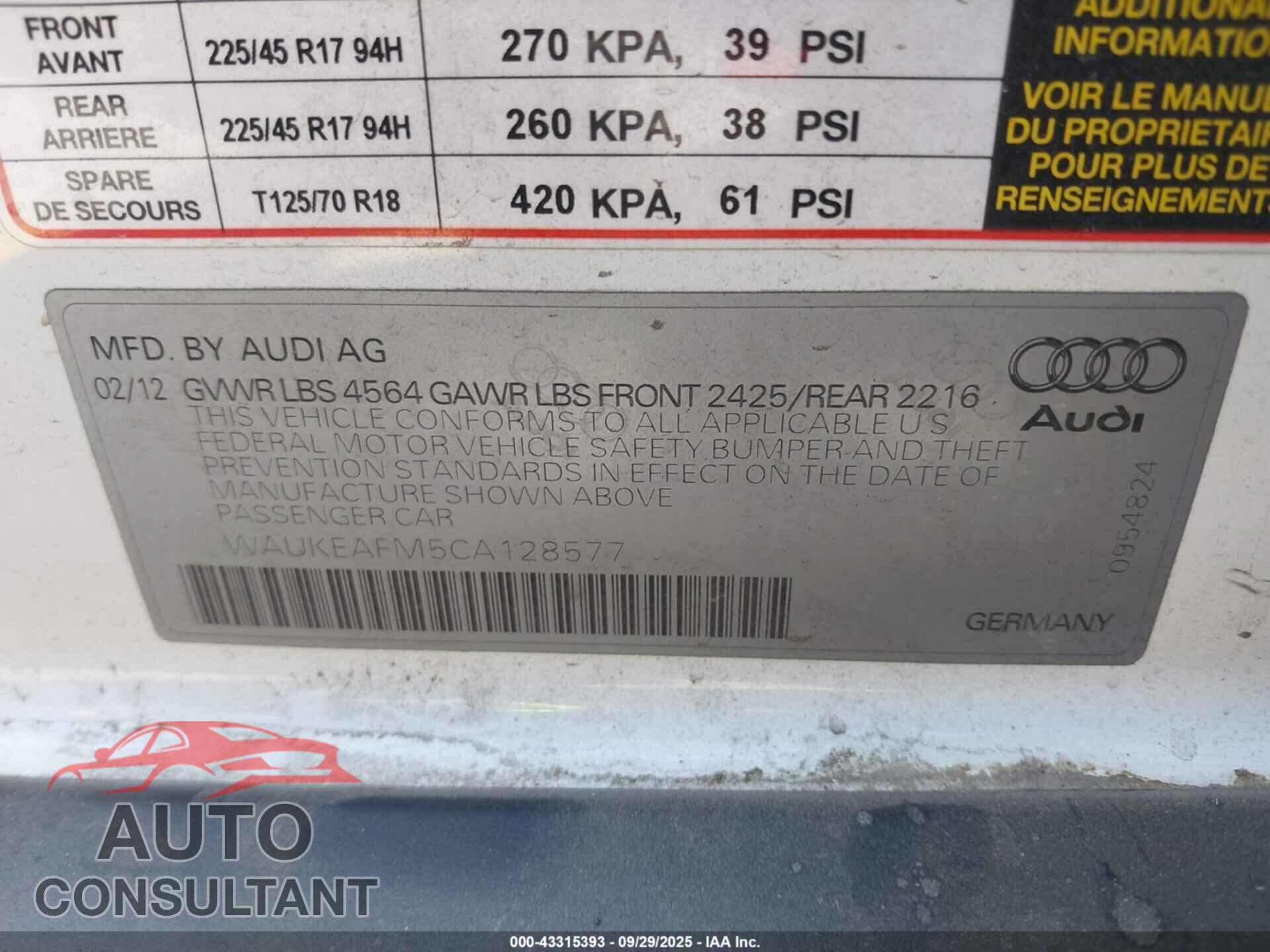 AUDI A3 2012 - WAUKEAFM5CA128577