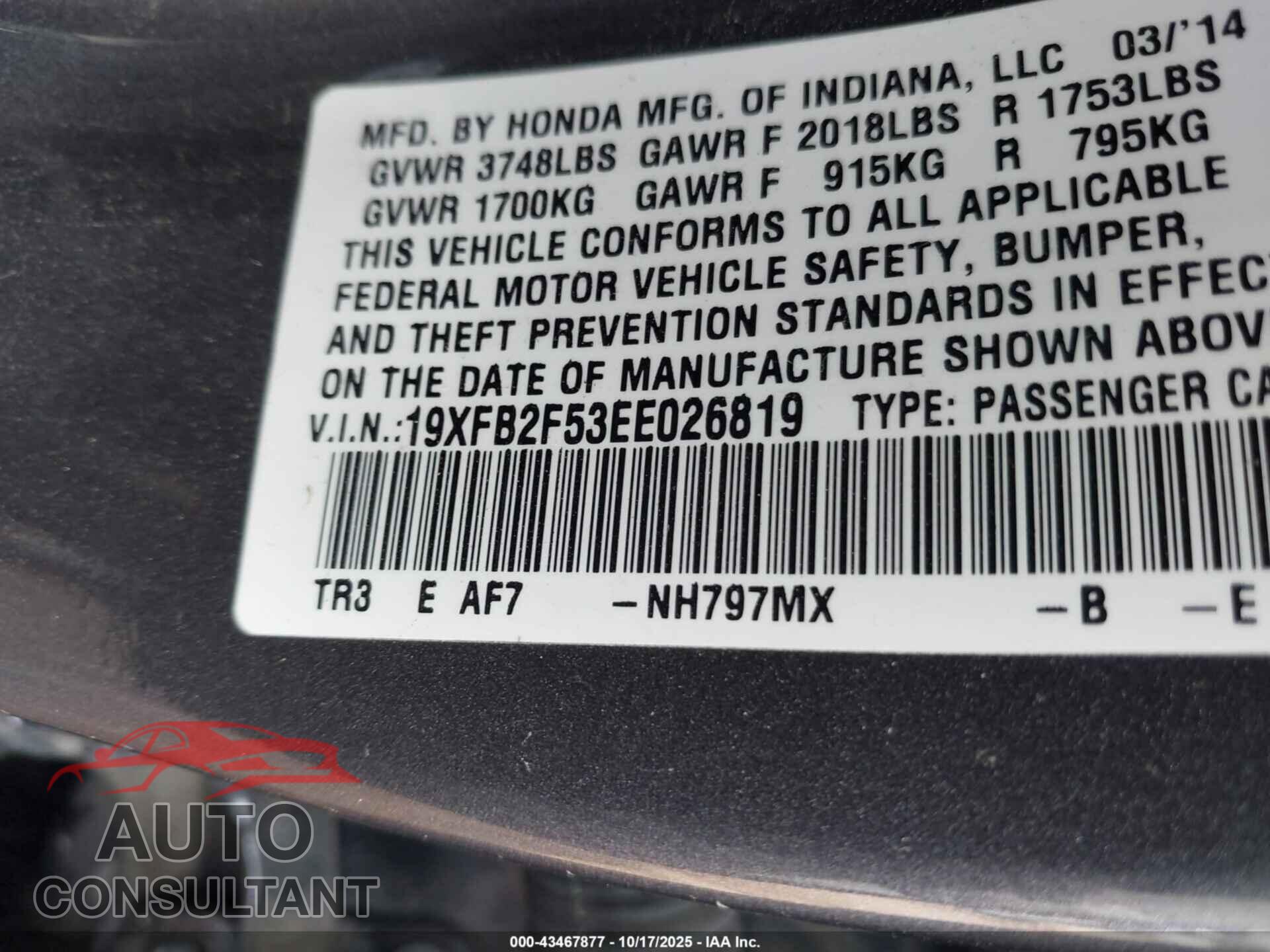 HONDA CIVIC 2014 - 19XFB2F53EE026819