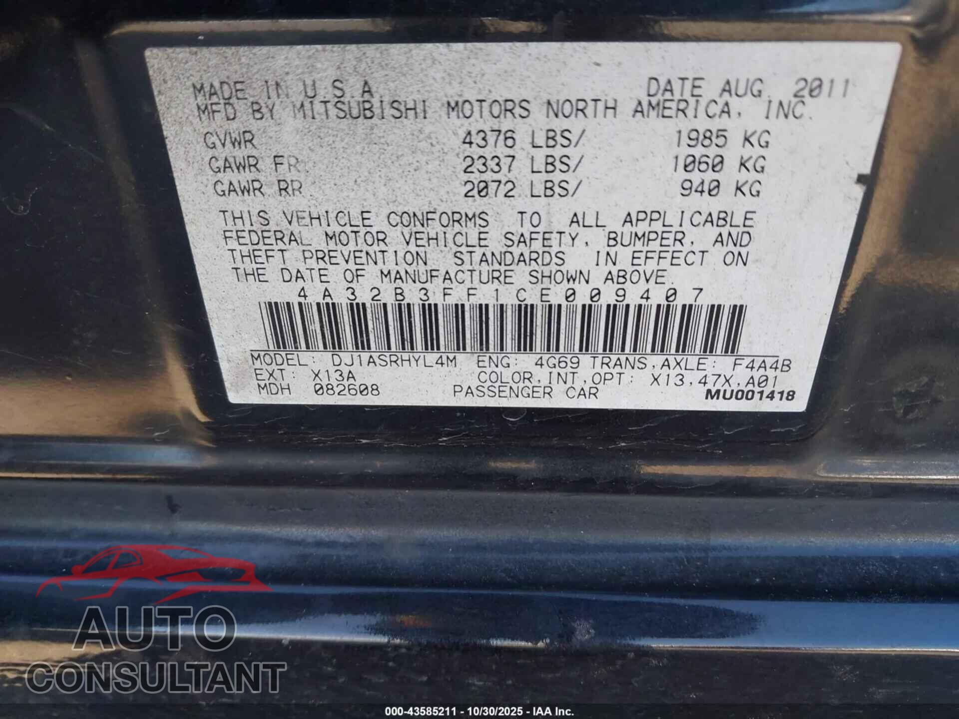 MITSUBISHI GALANT 2012 - 4A32B3FF1CE009407