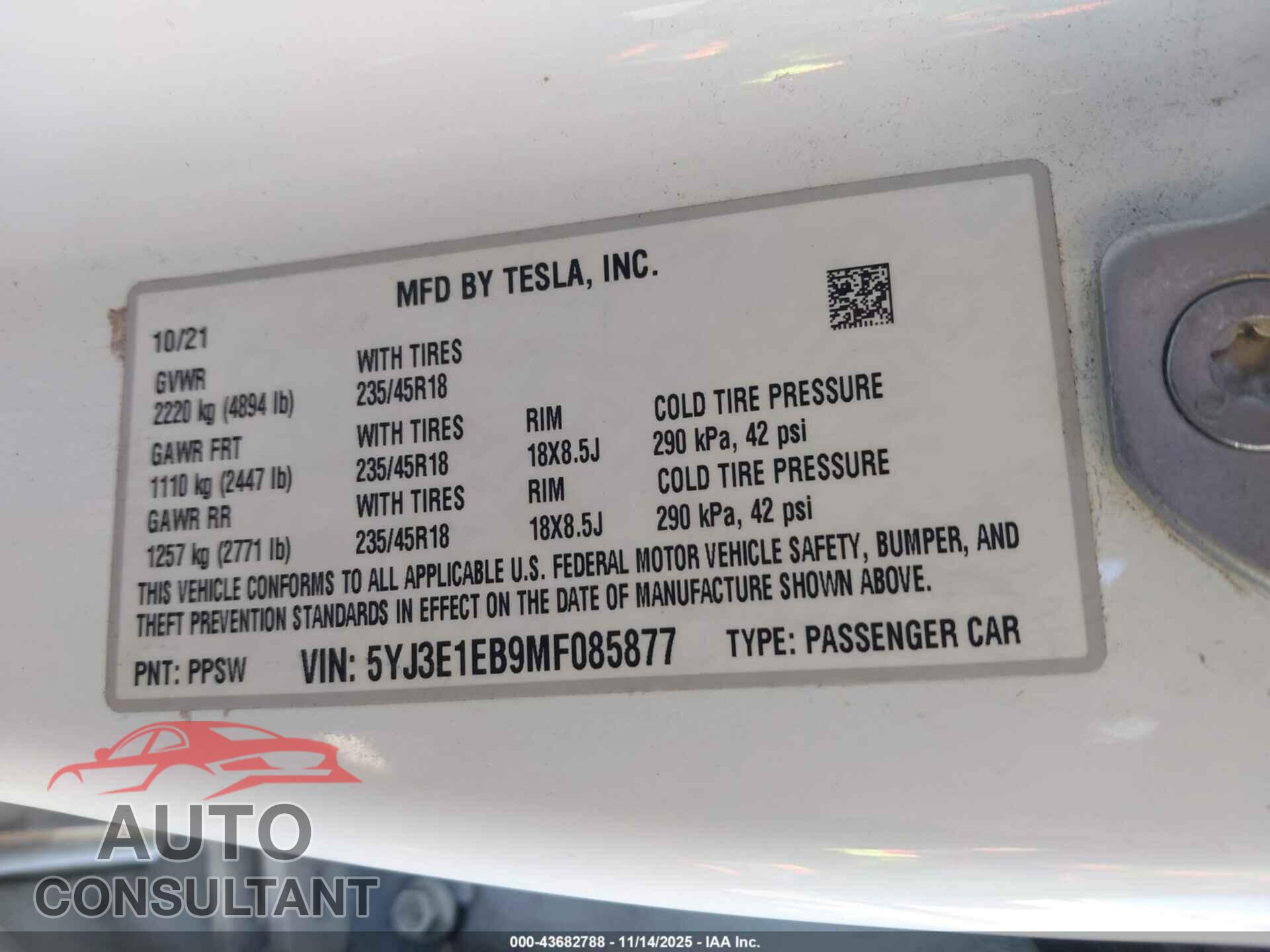 TESLA MODEL 3 2021 - 5YJ3E1EB9MF085877