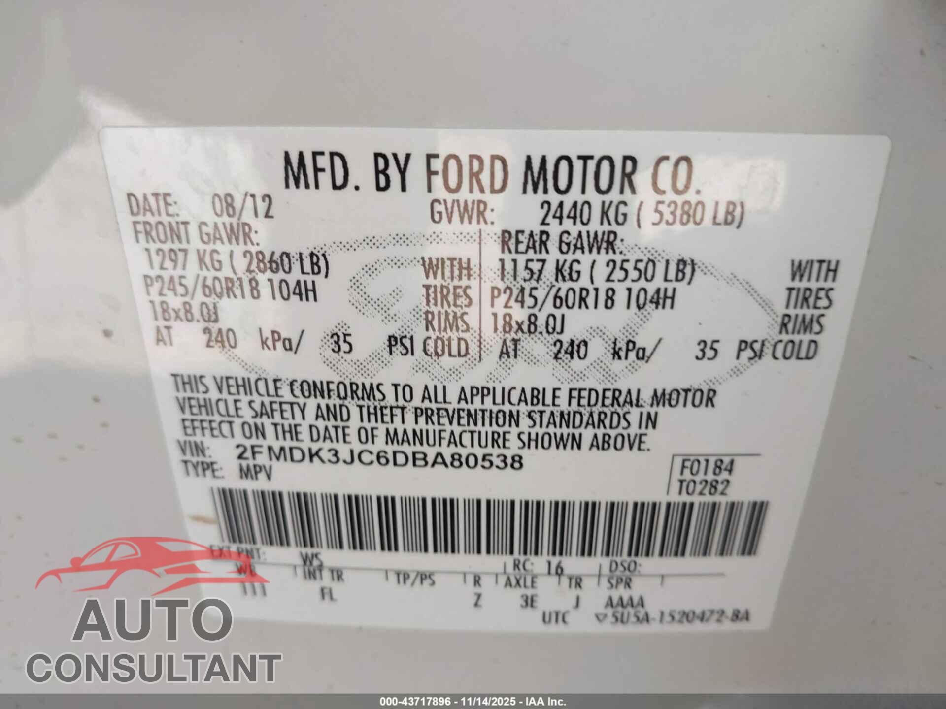 FORD EDGE 2013 - 2FMDK3JC6DBA80538