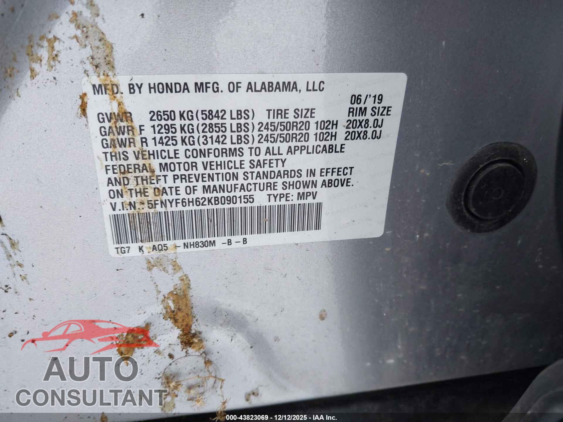 HONDA PILOT 2019 - 5FNYF6H62KB090155