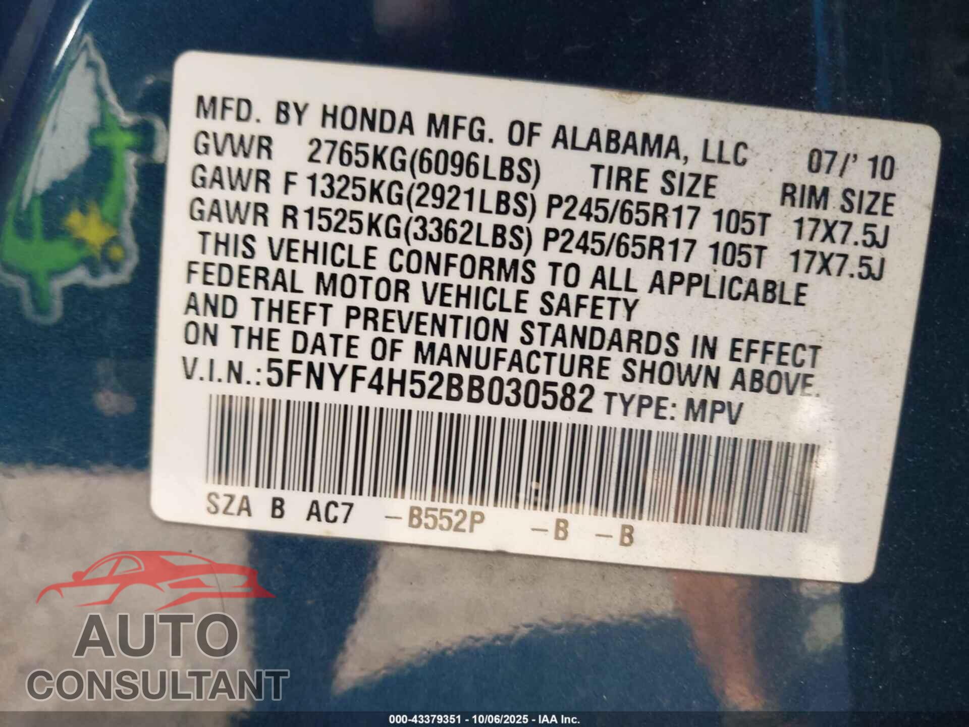 HONDA PILOT 2011 - 5FNYF4H52BB030582