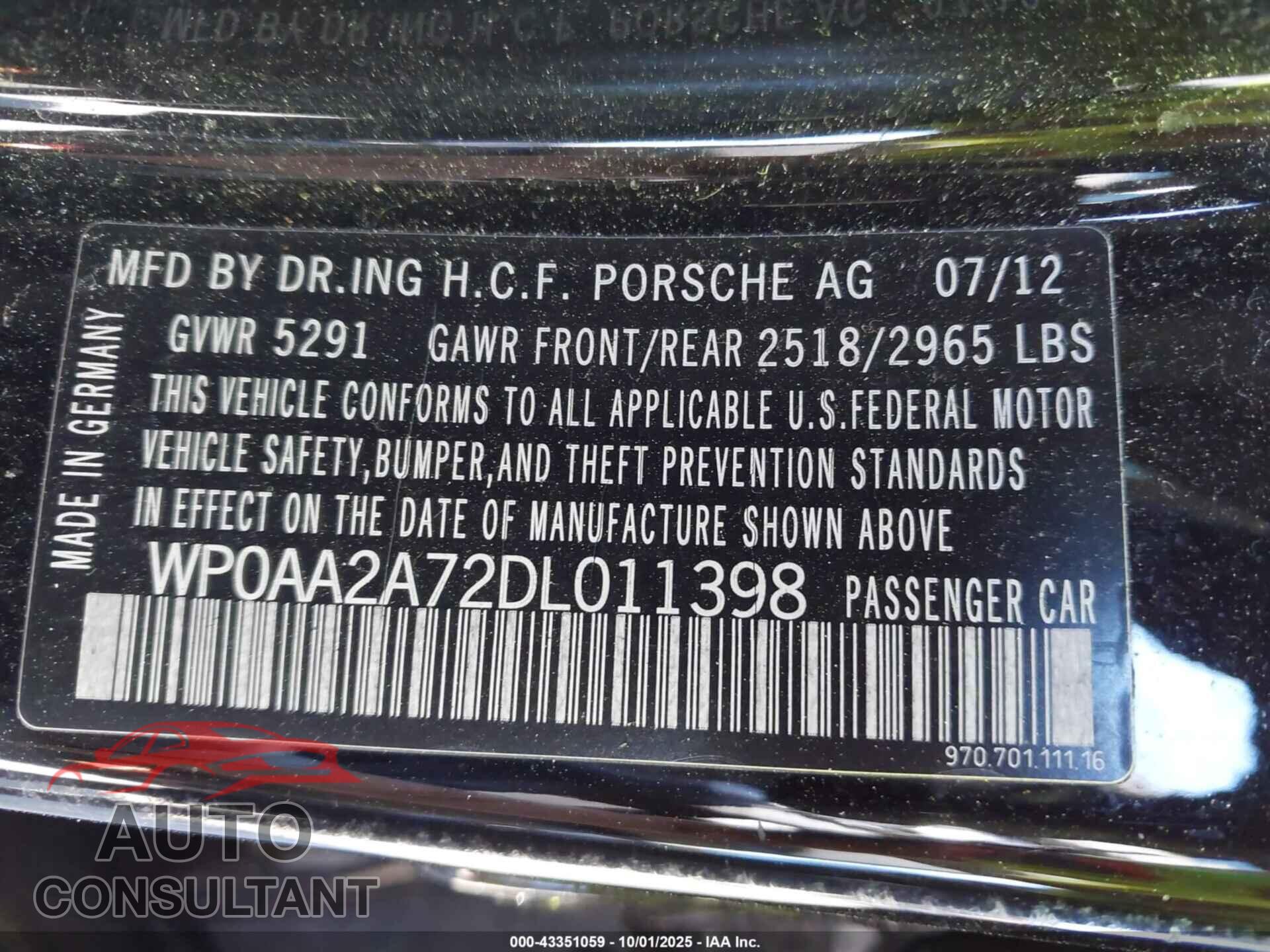 PORSCHE PANAMERA 2013 - WP0AA2A72DL011398